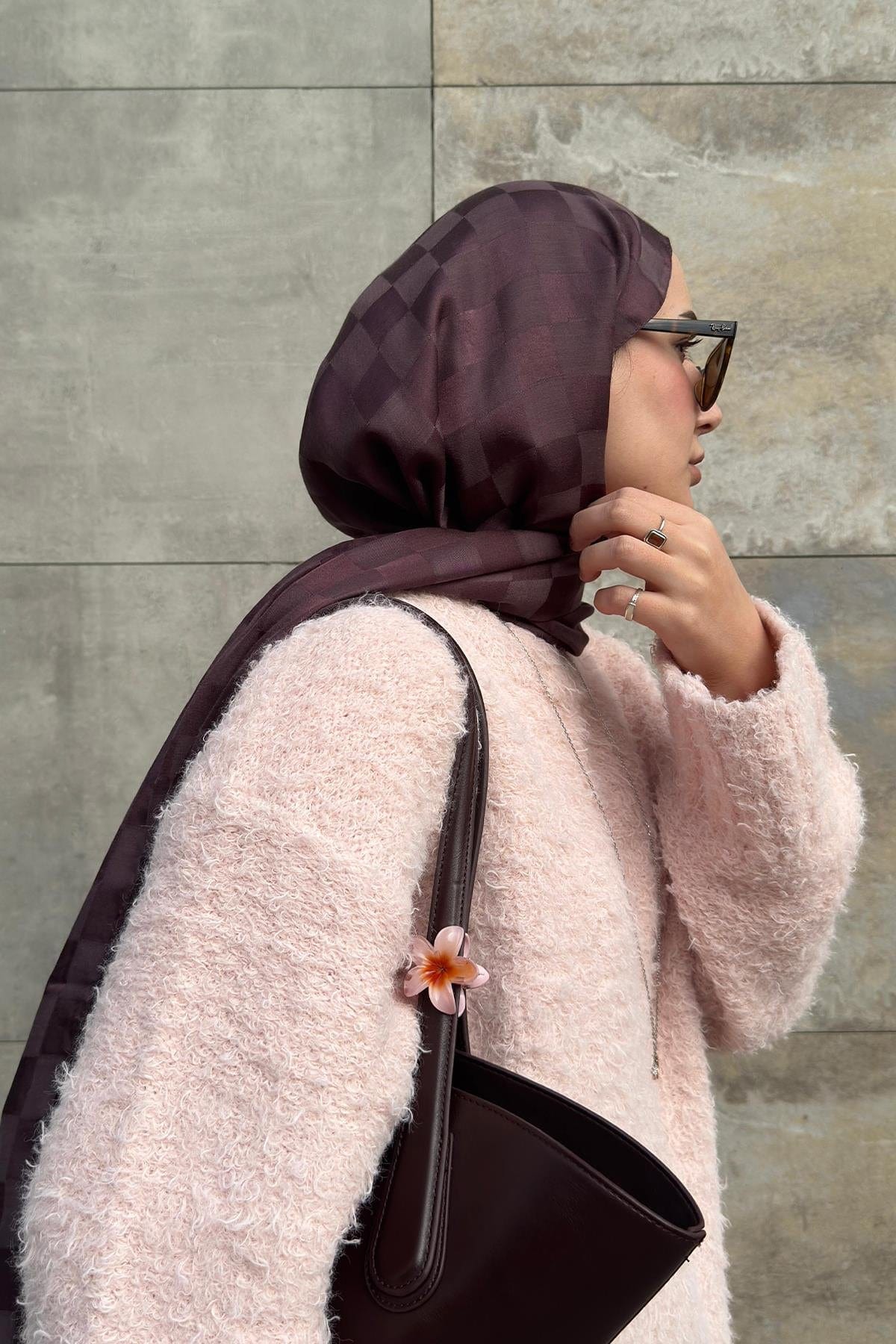 Hatice Metin's Choice: Checkered Jacquard Italian Silk Scarf Dark Rose