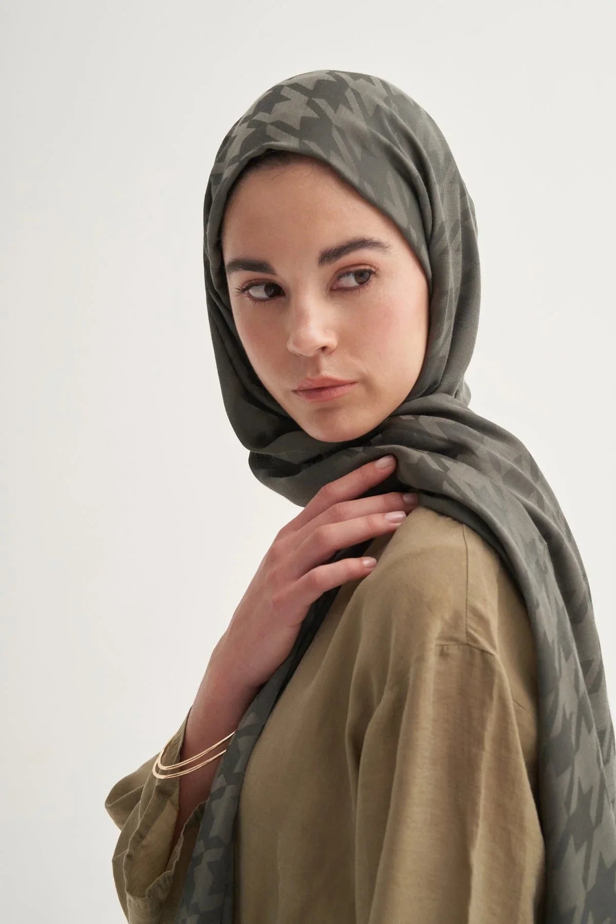 Houndstooth Jacquard Italian Silk Scarf Army Green