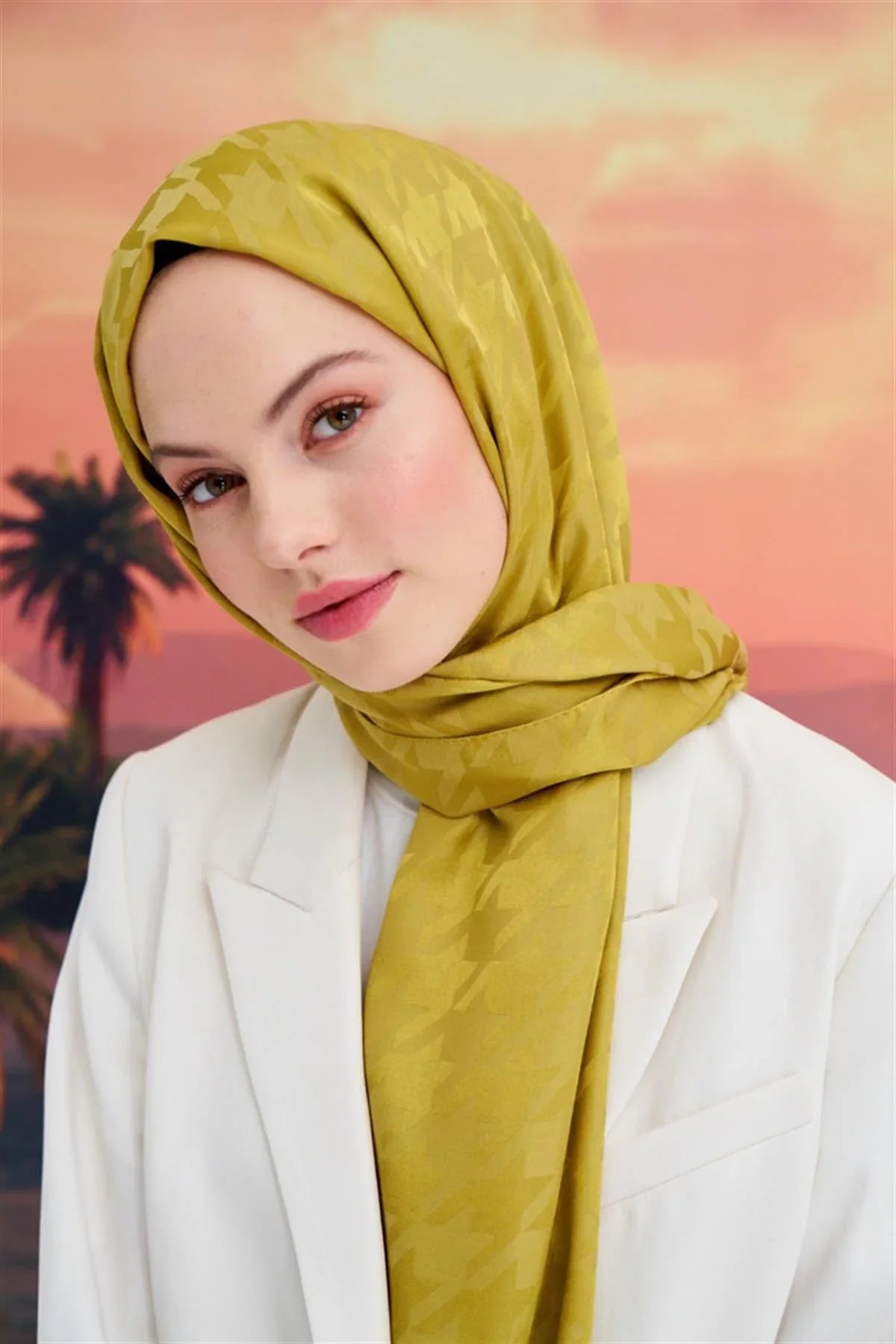 Houndstooth Jacquard Italian Silk Scarf Mustard