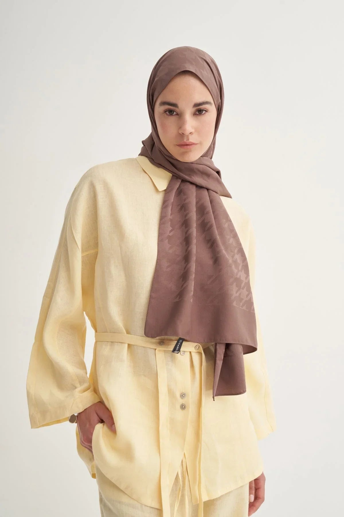 Houndstooth Jacquard Italian Silk Scarf Soft Brown