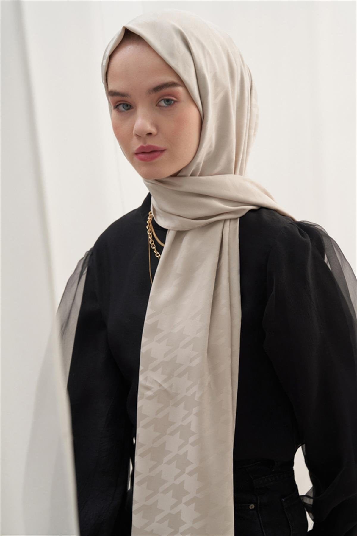 Houndstooth Pattern Cotton Silk Scarf Camel