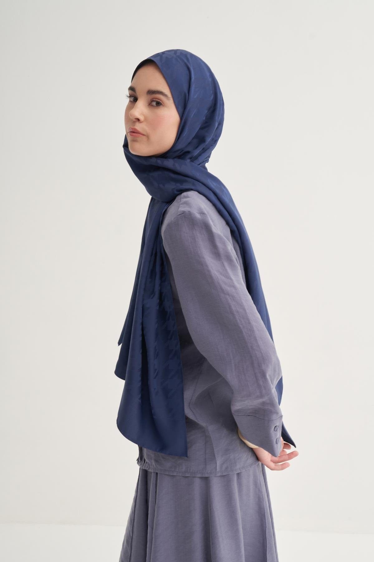 Houndstooth Pattern Cotton Silk Scarf Deep Blue