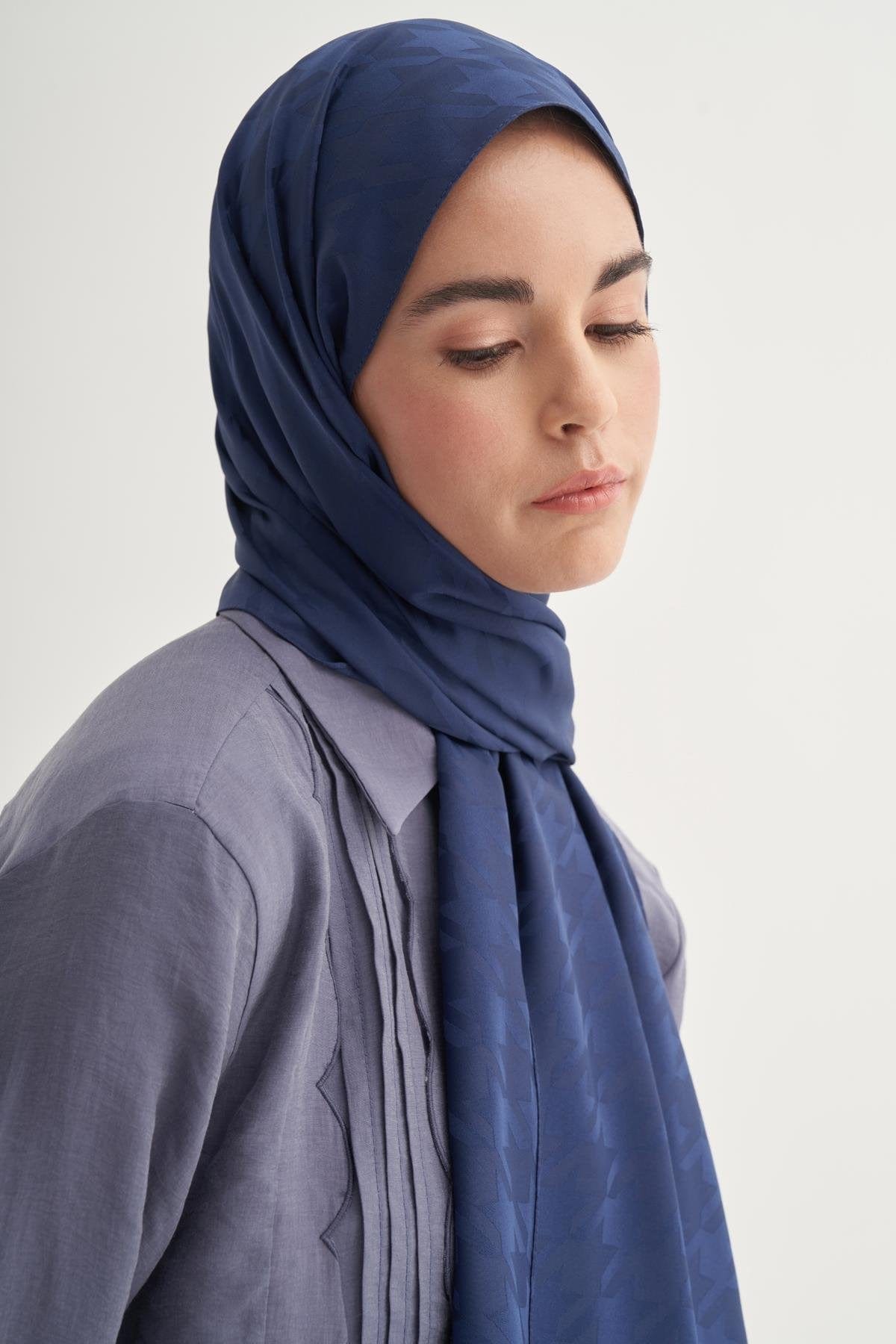 Houndstooth Pattern Cotton Silk Scarf Deep Blue