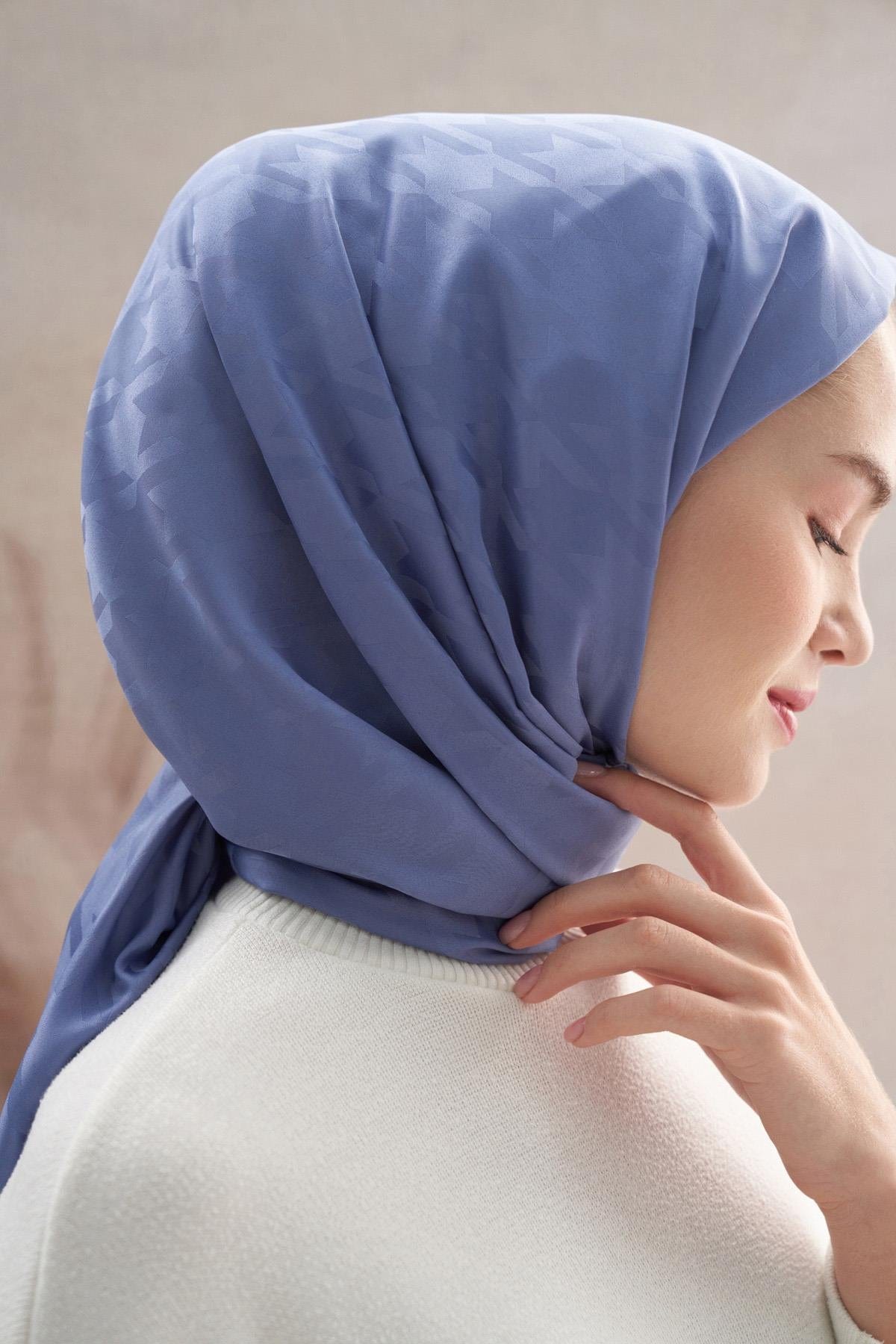 Houndstooth Pattern Cotton Silk Scarf Denim Blue