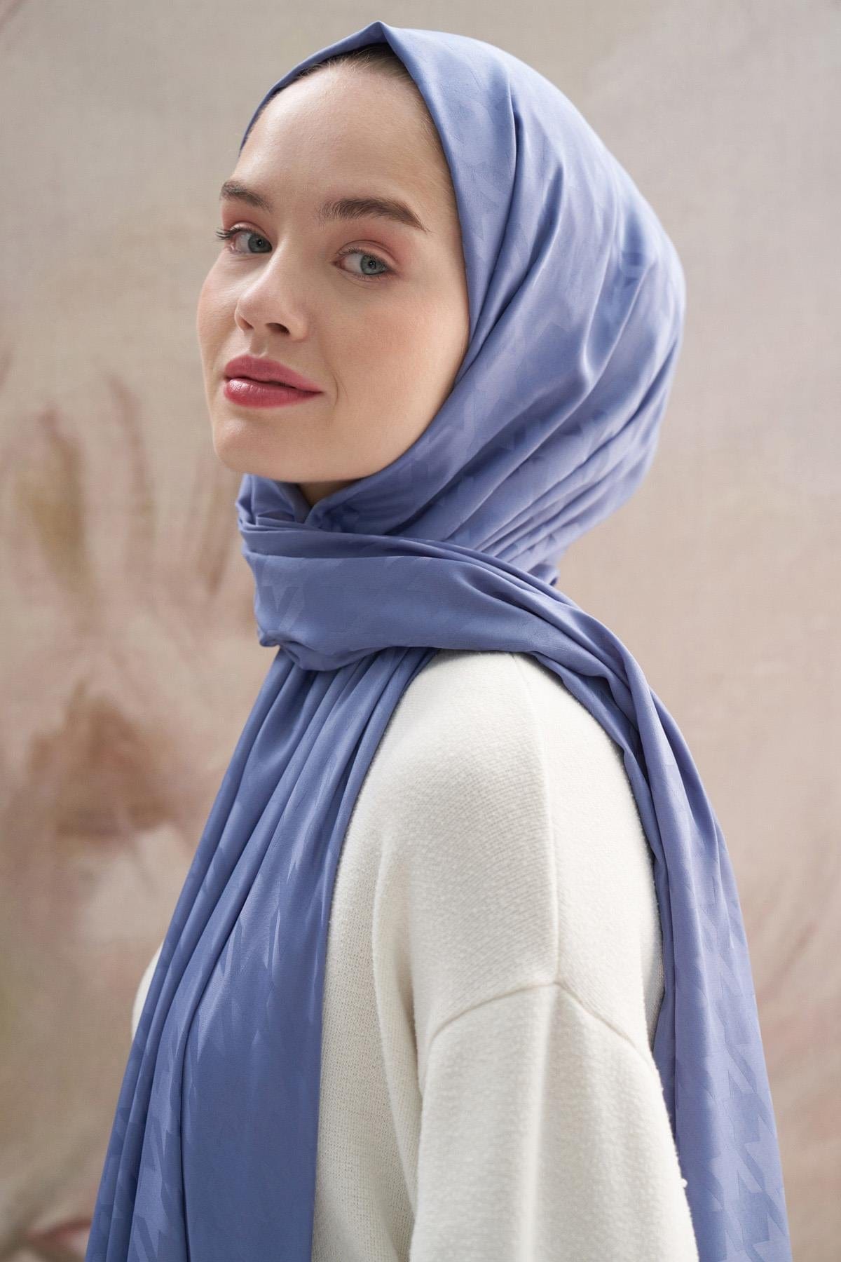 Houndstooth Pattern Cotton Silk Scarf Denim Blue