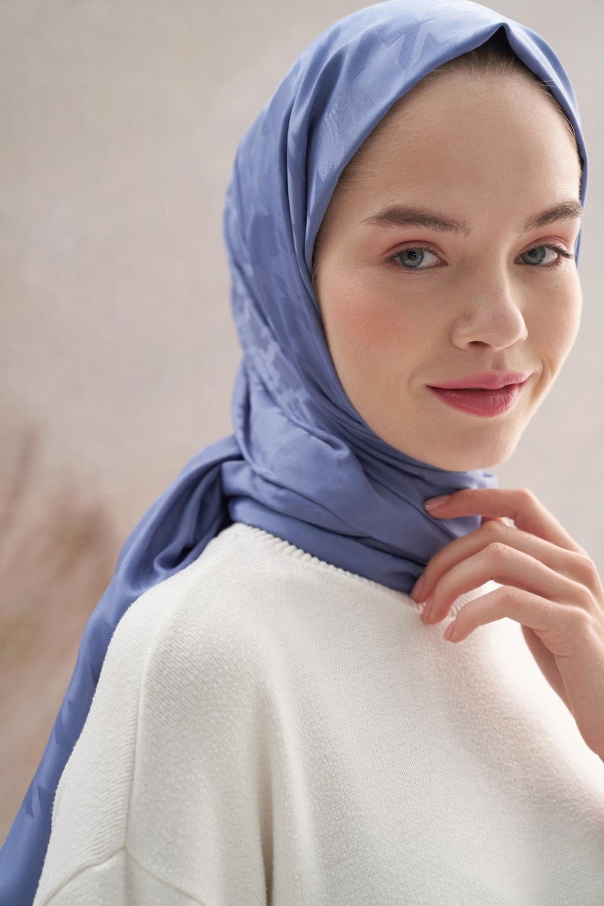 Houndstooth Pattern Cotton Silk Scarf Denim Blue