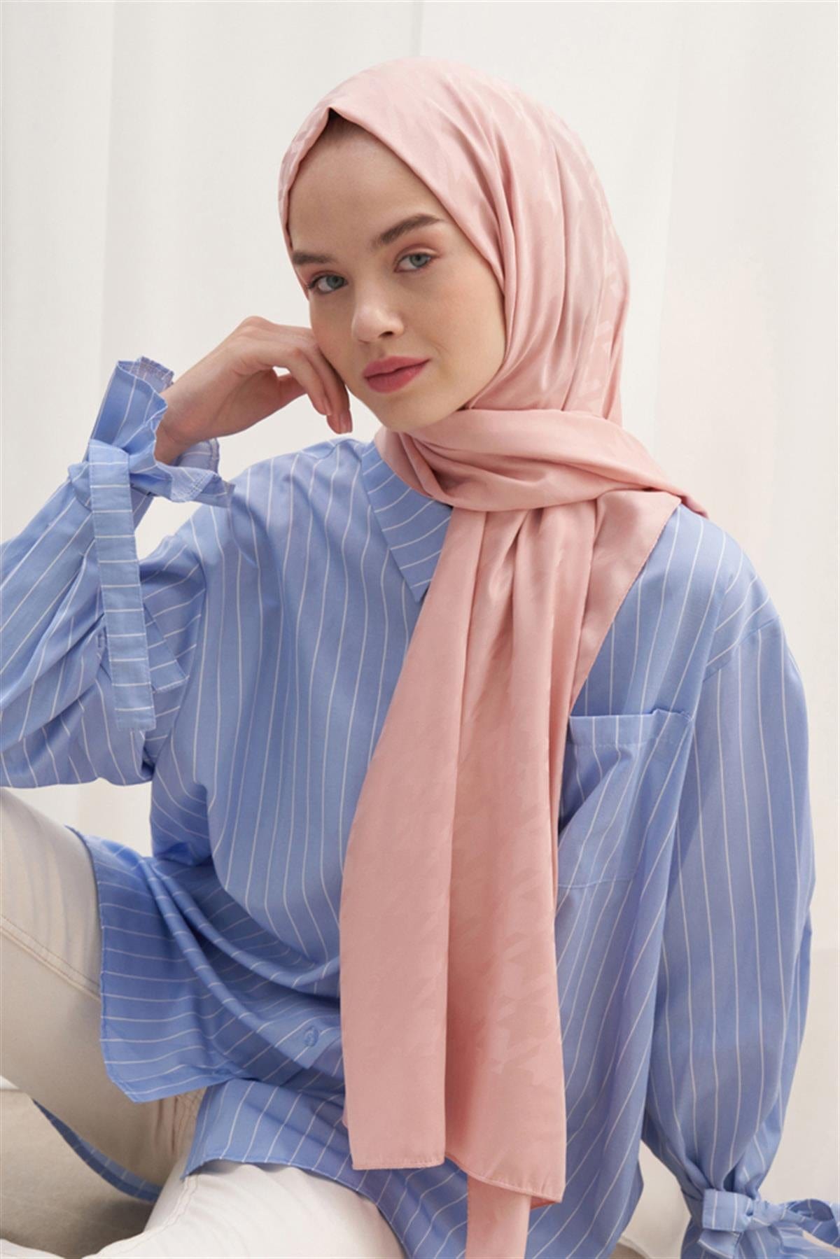 Houndstooth Pattern Cotton Silk Scarf Powder Pink