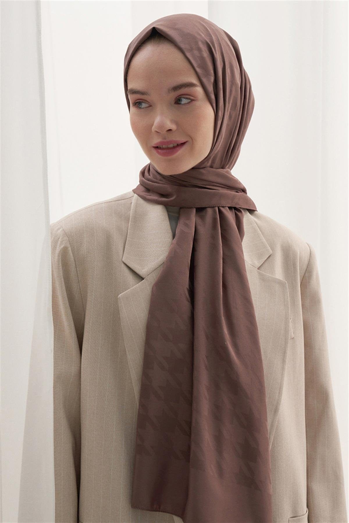 Houndstooth Pattern Cotton Silk Scarf Soft Brown