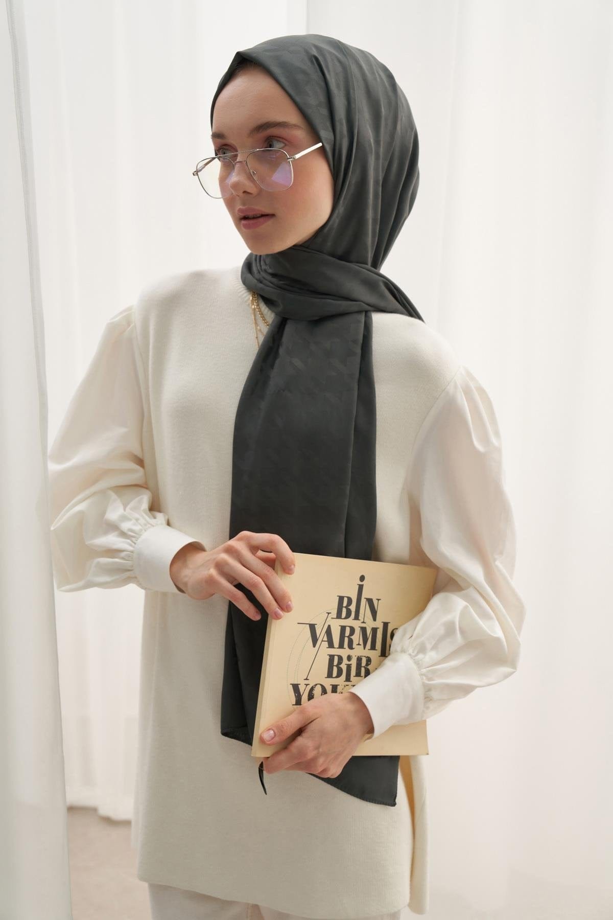 Houndstoothı Pattern Cotton Silk Scarf Army Green