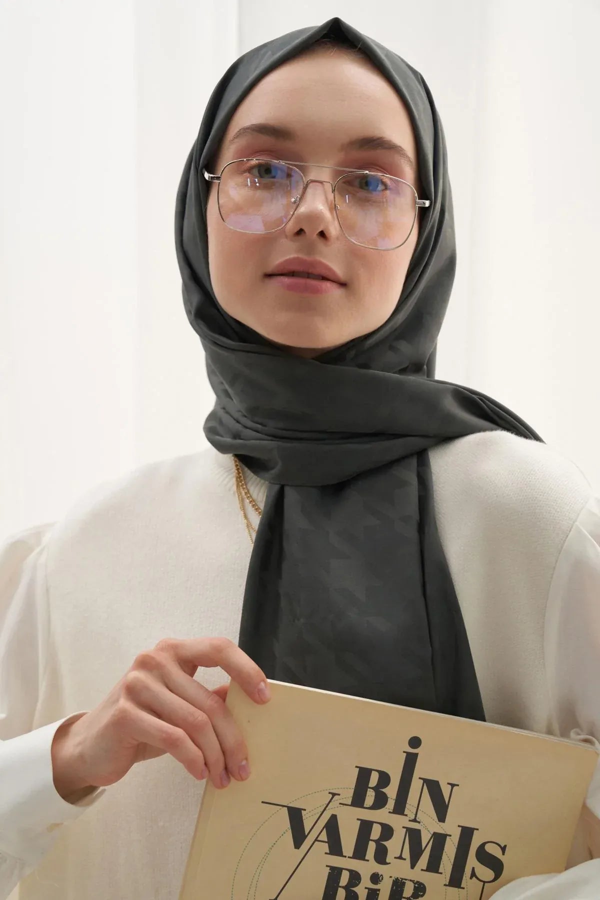 Houndstoothı Pattern Cotton Silk Scarf Army Green