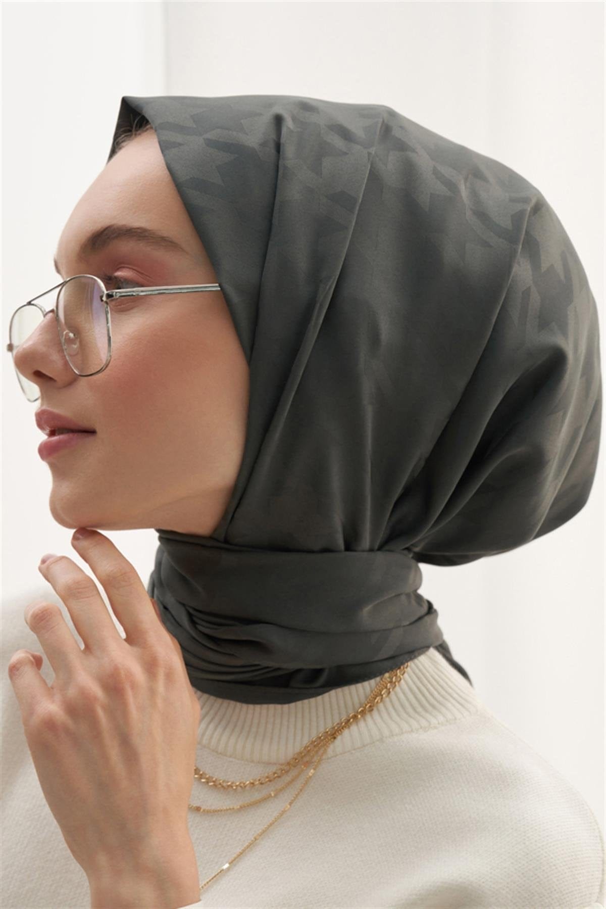 Houndstoothı Pattern Cotton Silk Scarf Army Green