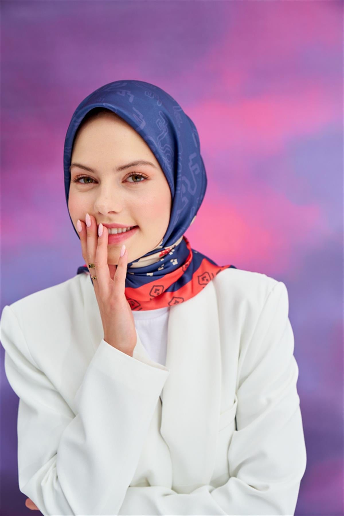 Lilya Pattern Twill Square Scarf Deep Blue