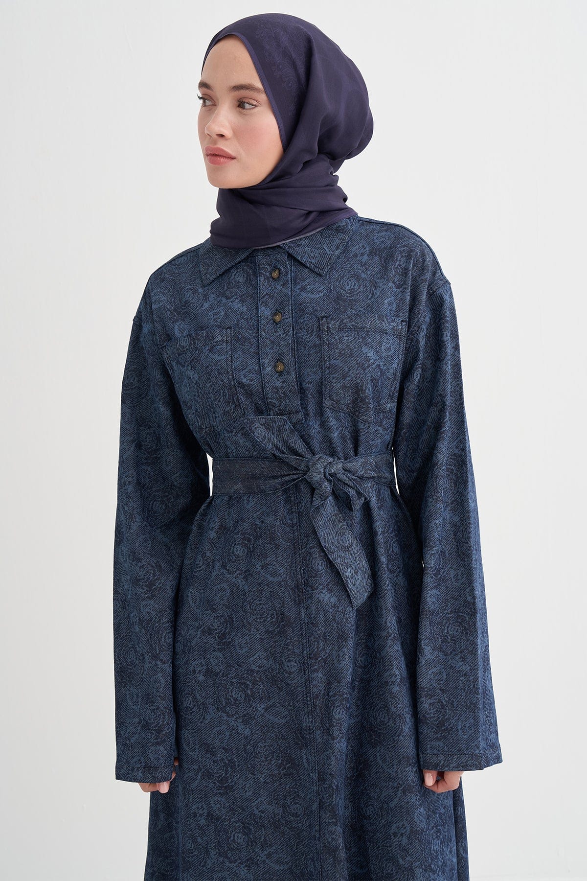 Liz Patterned Long Denim Dress - Dark Blue