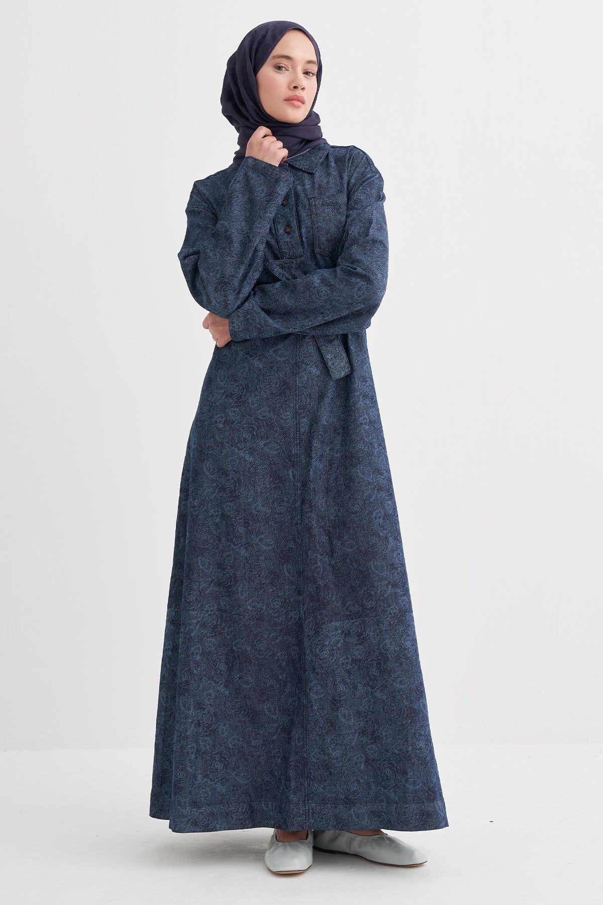 Liz Patterned Long Denim Dress - Dark Blue