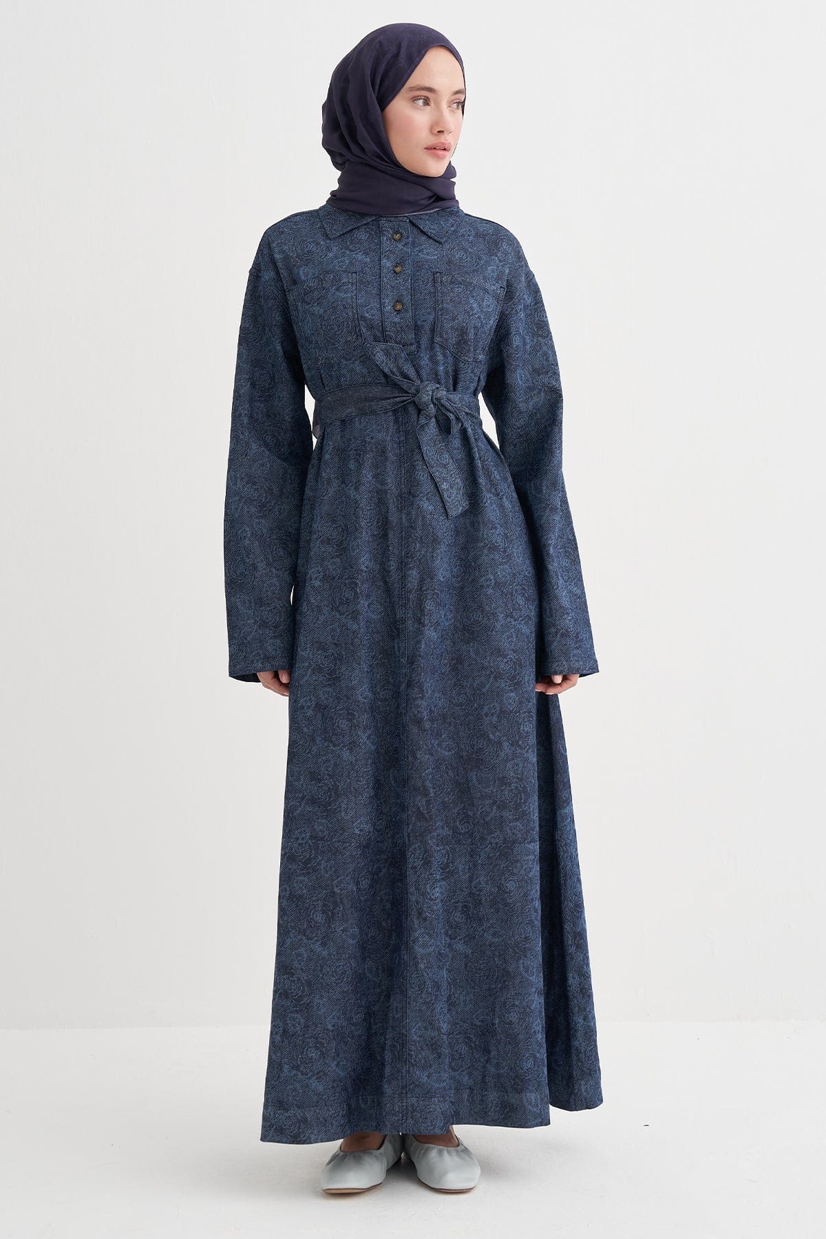 Liz Patterned Long Denim Dress - Dark Blue