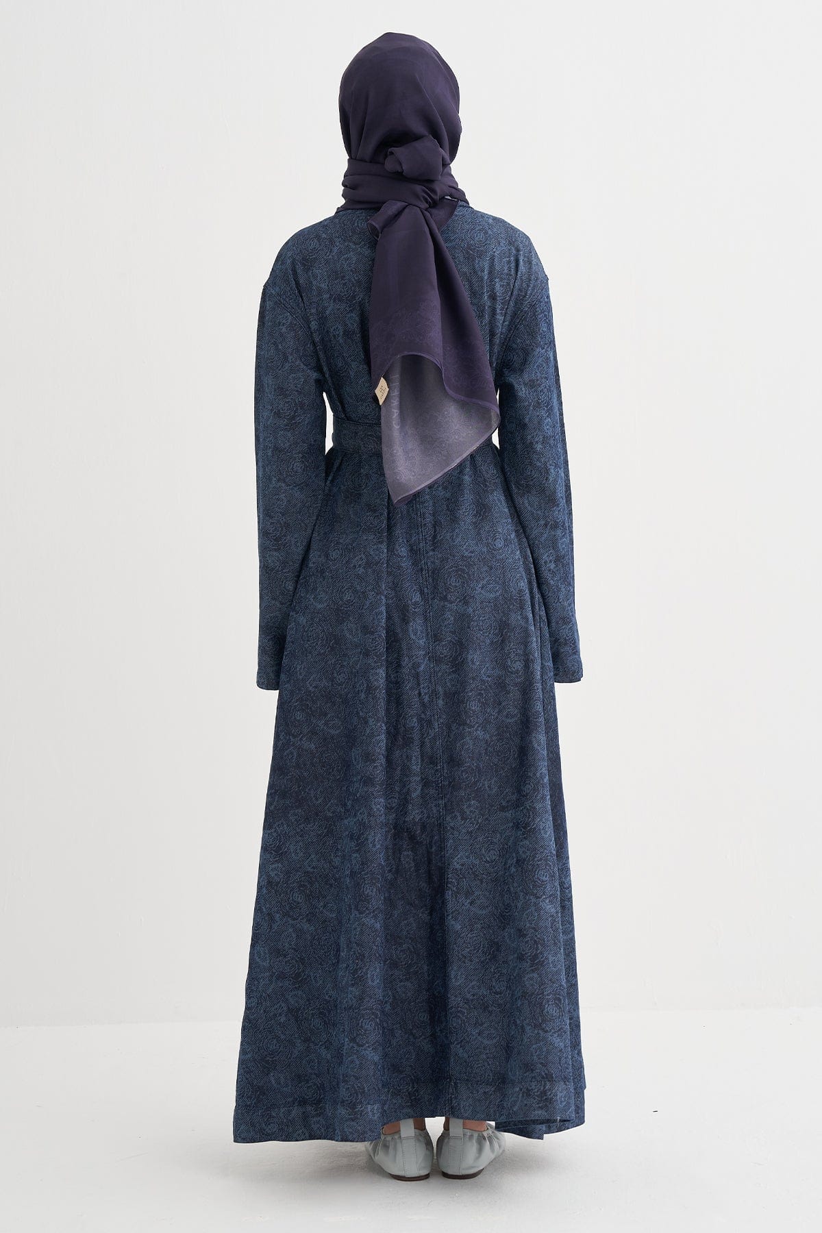 Liz Patterned Long Denim Dress - Dark Blue