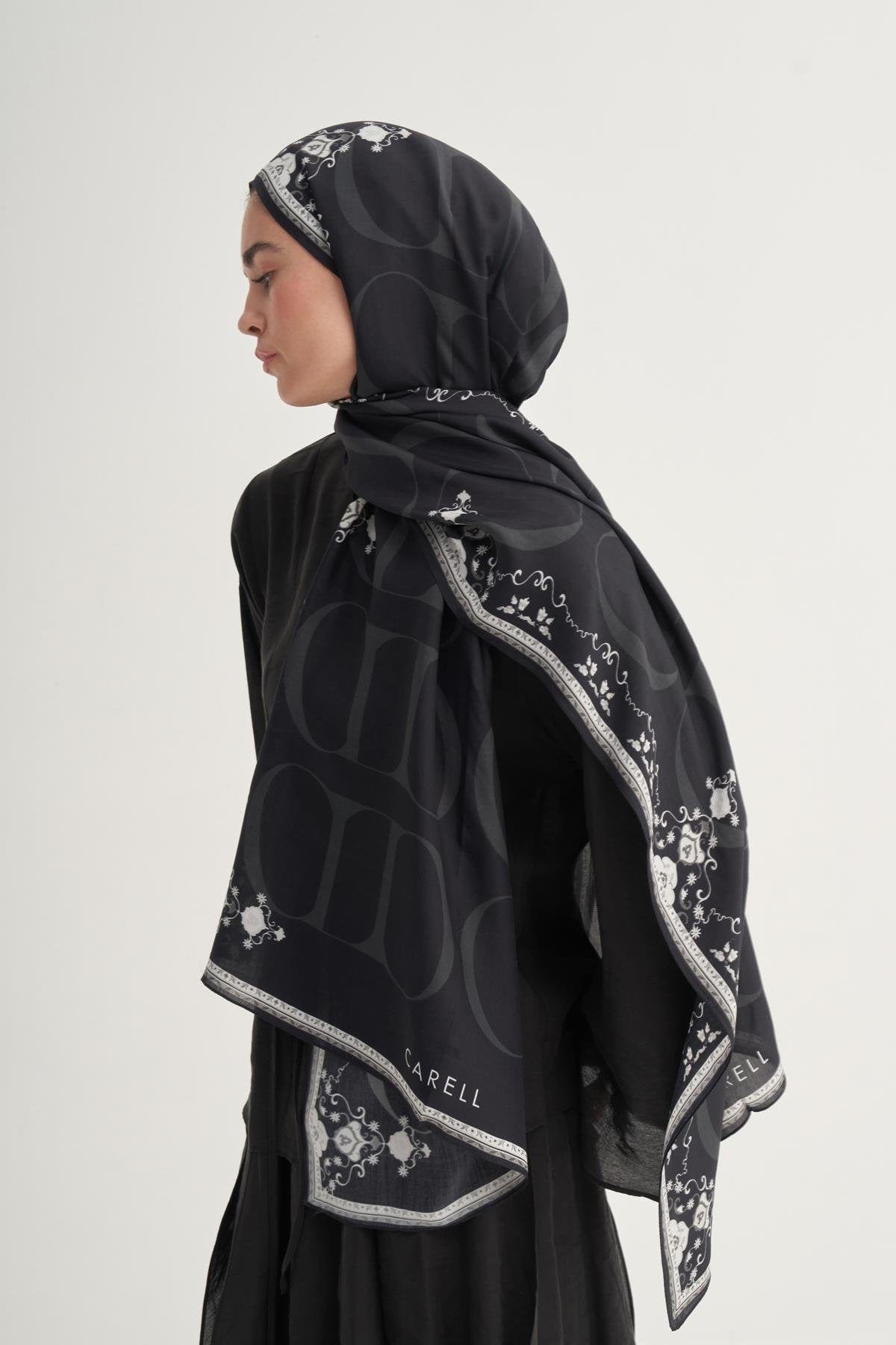 Luxe Flower Monogram Viscose Scarf Black