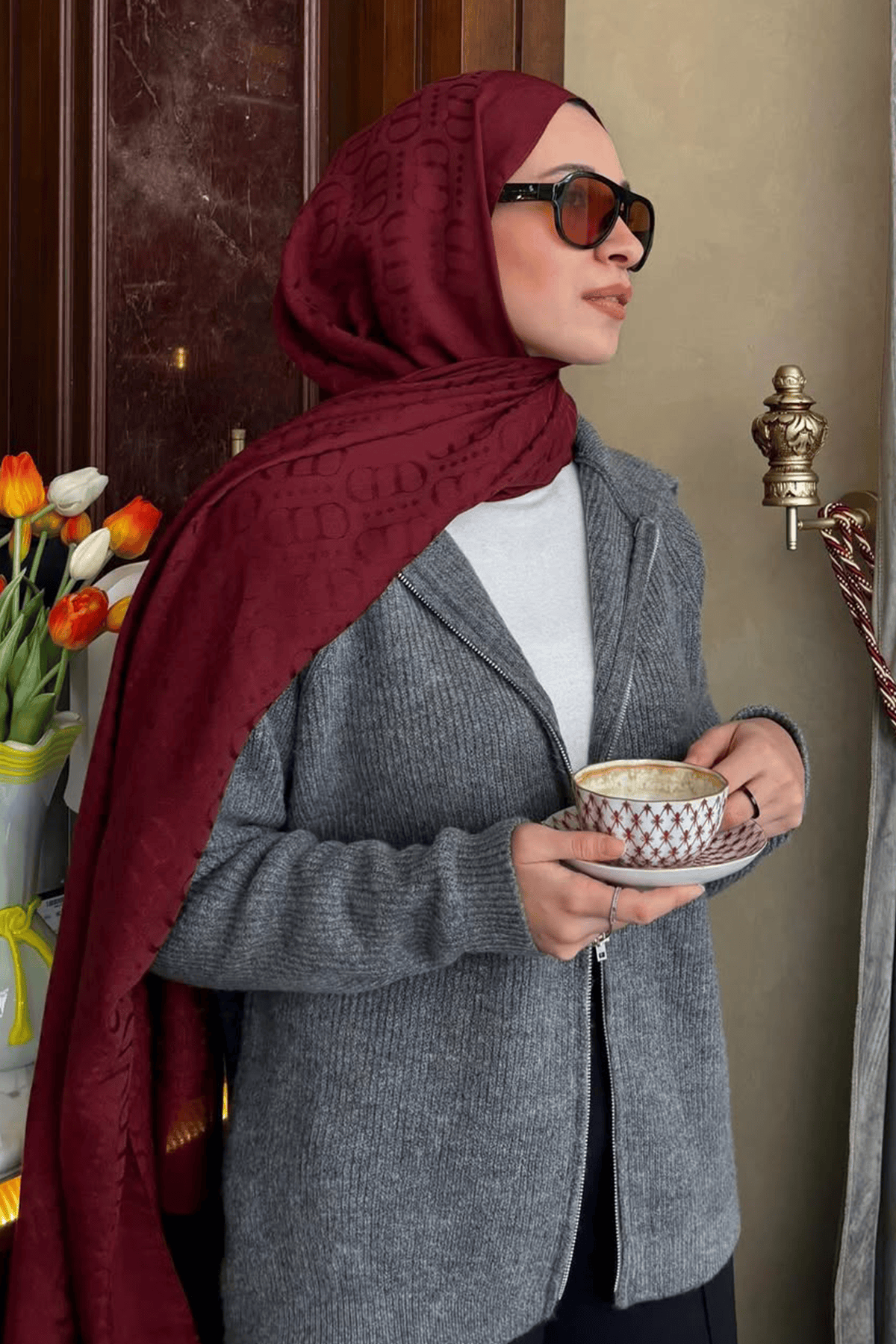 Luxe Pattern Liora Cotton Scarf Burgundy