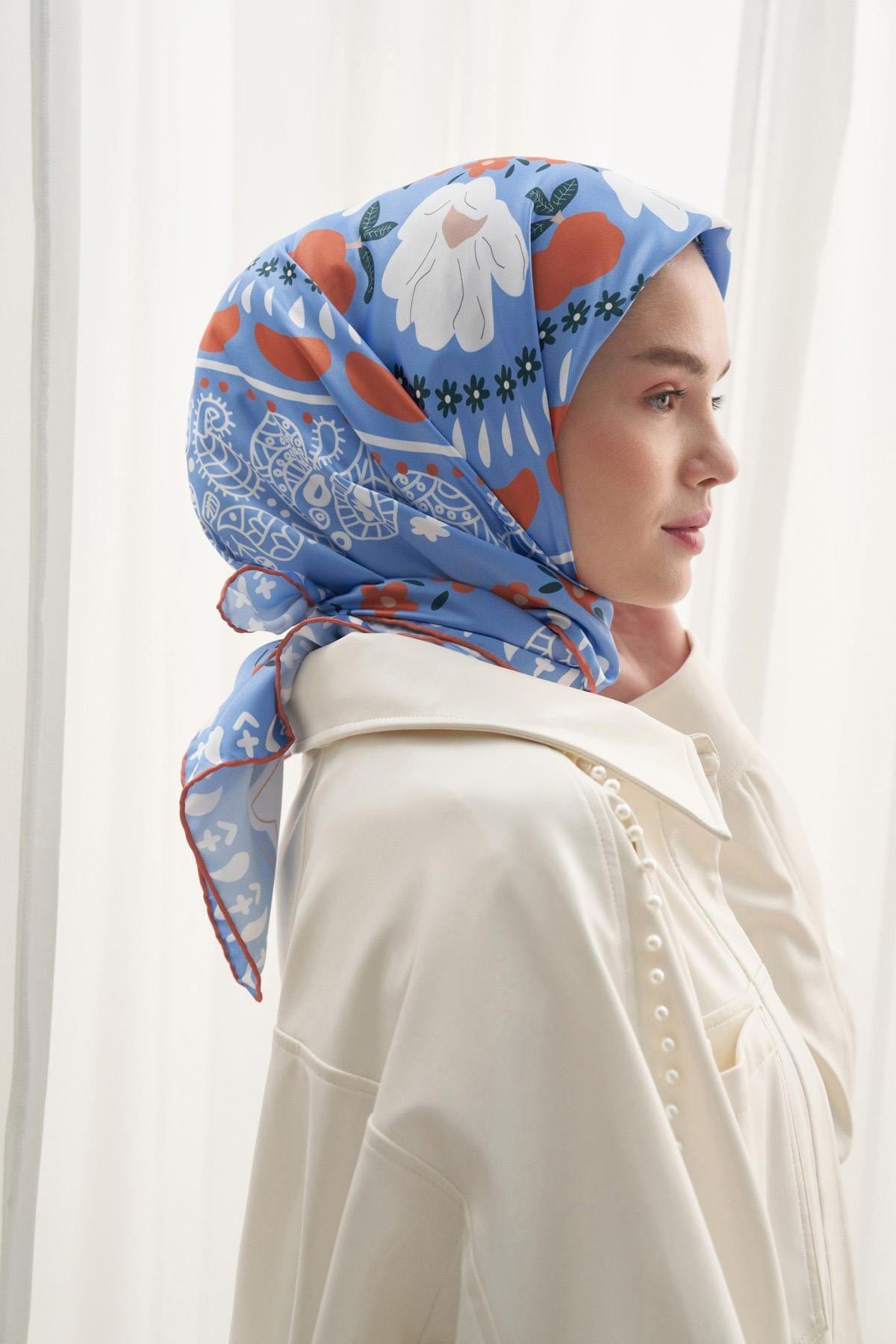 Magnolia Pattern Twill Square Scarf Blue