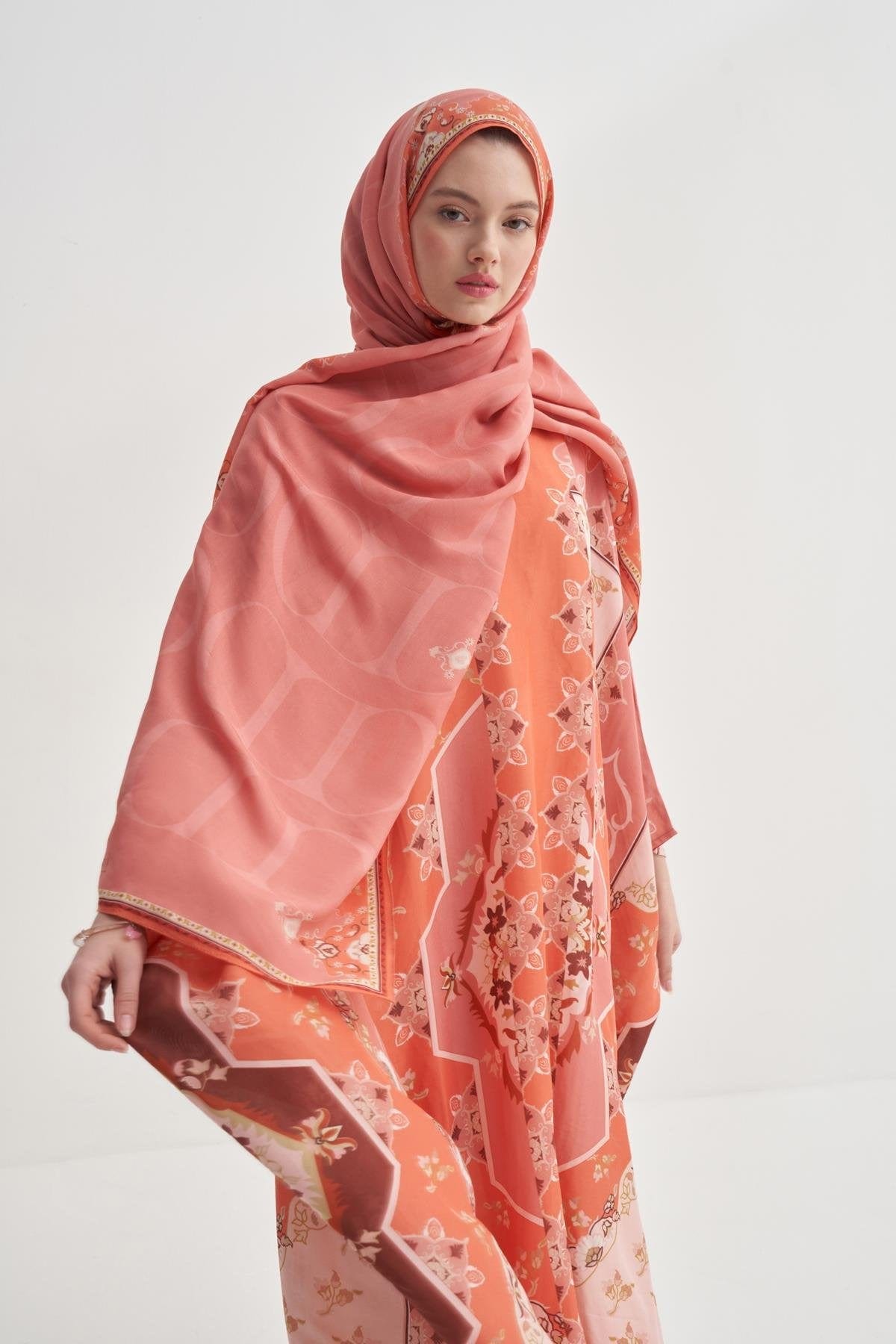 Maknesa Floral Monogram Viscose Scarf Coral