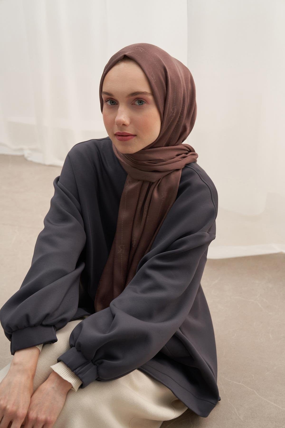 Monogram Jacquard Italian Silk Scarf Soft Brown
