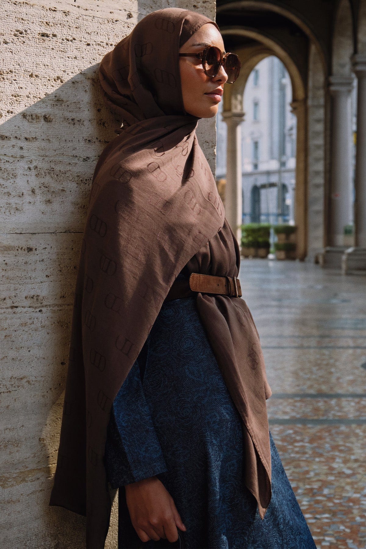 Monogram Pattern Liora Cotton Scarf Milk Coffee