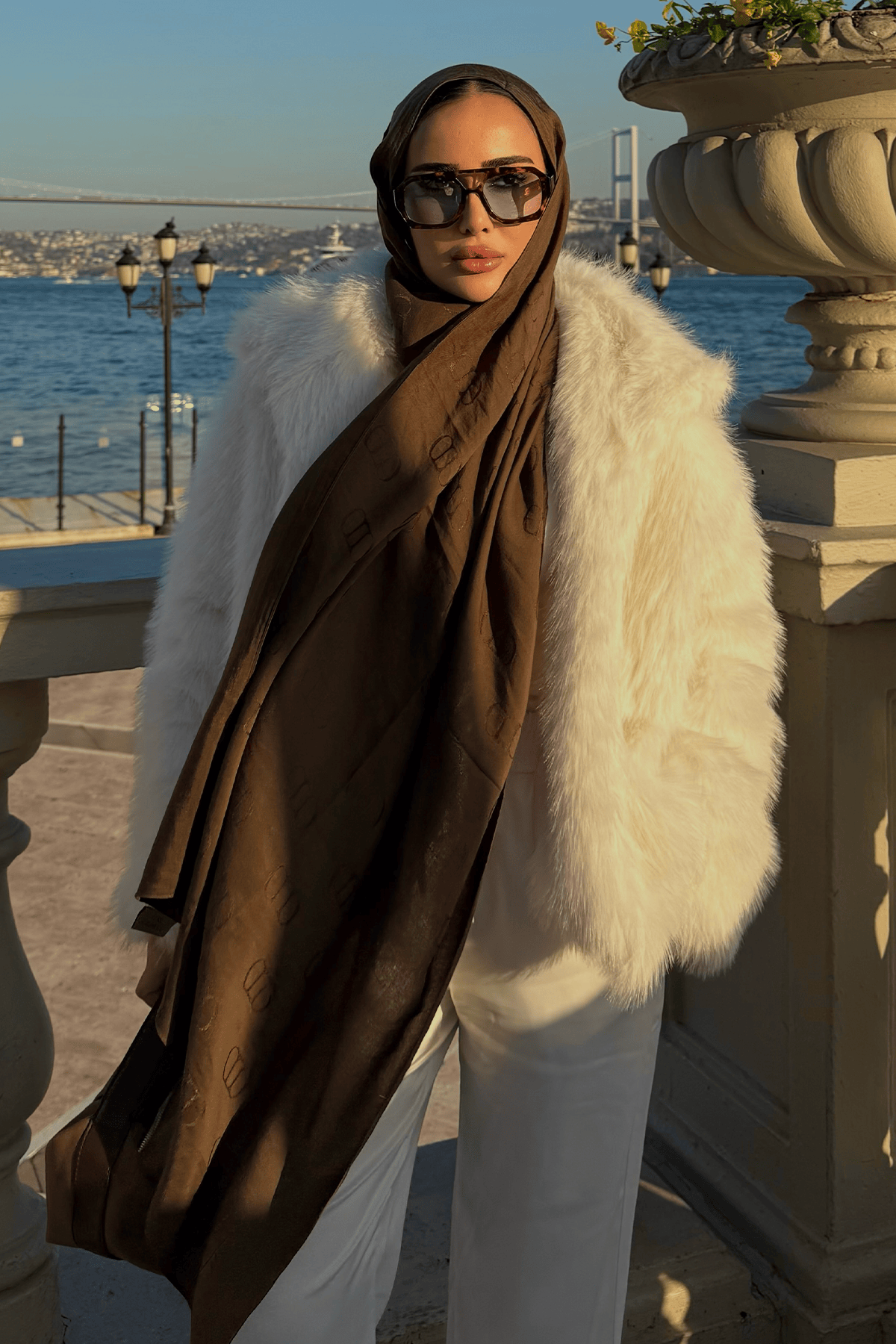 Monogram Pattern Liora Cotton Scarf Mocha