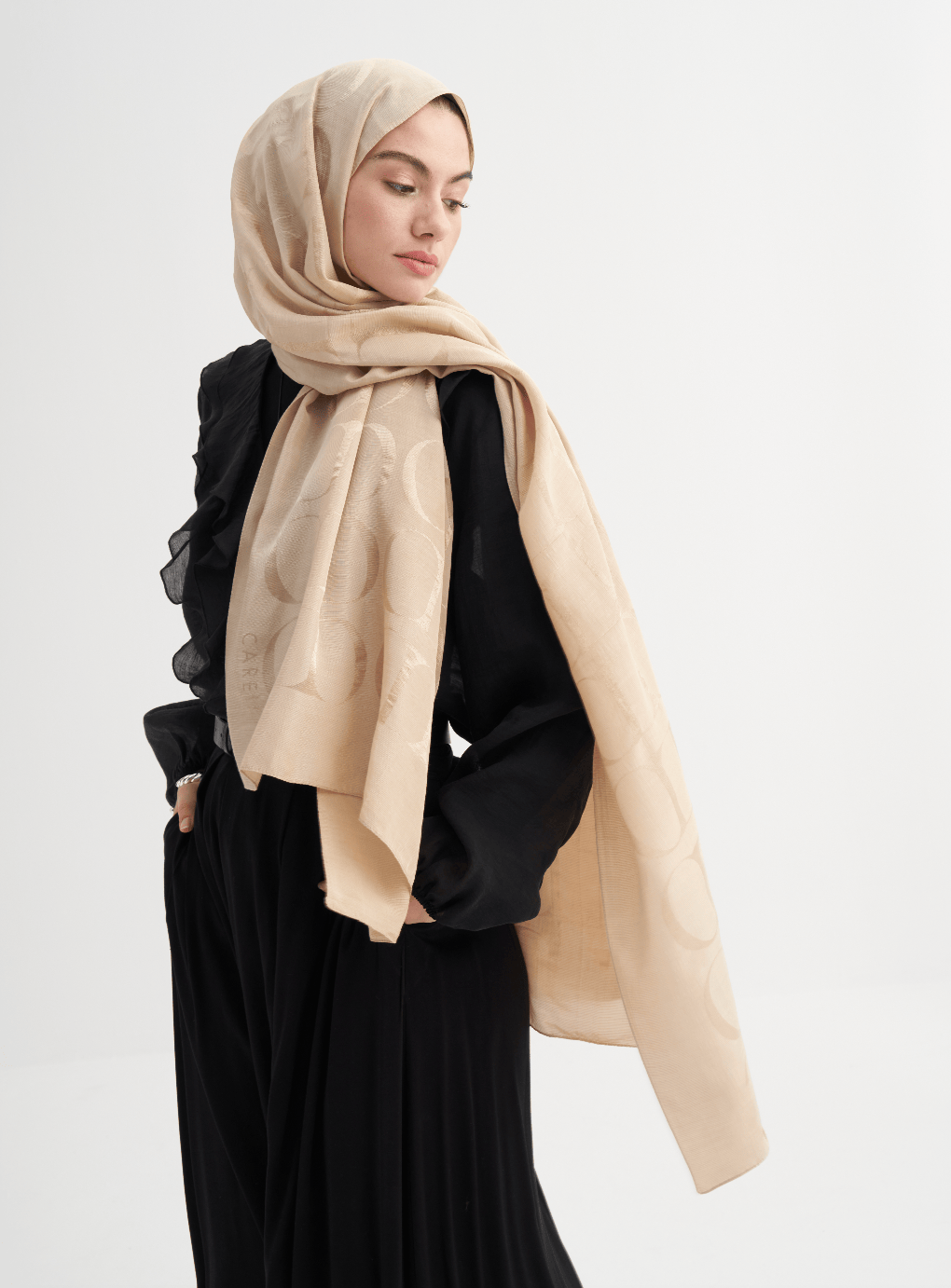 Monogram Pattern Rina Viscose Scarf Camel