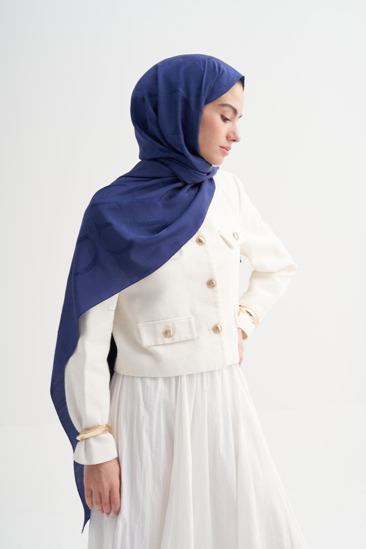 Monogram Pattern Rina Viscose Scarf Deep Blue