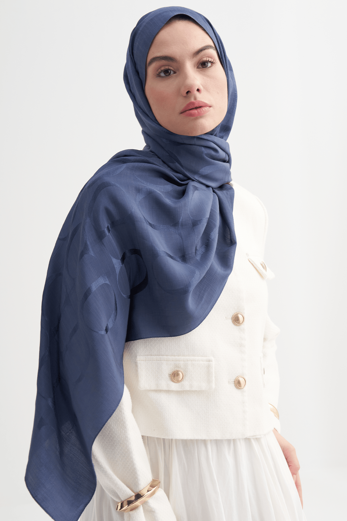 Monogram Pattern Rina Viscose Scarf Denim Blue