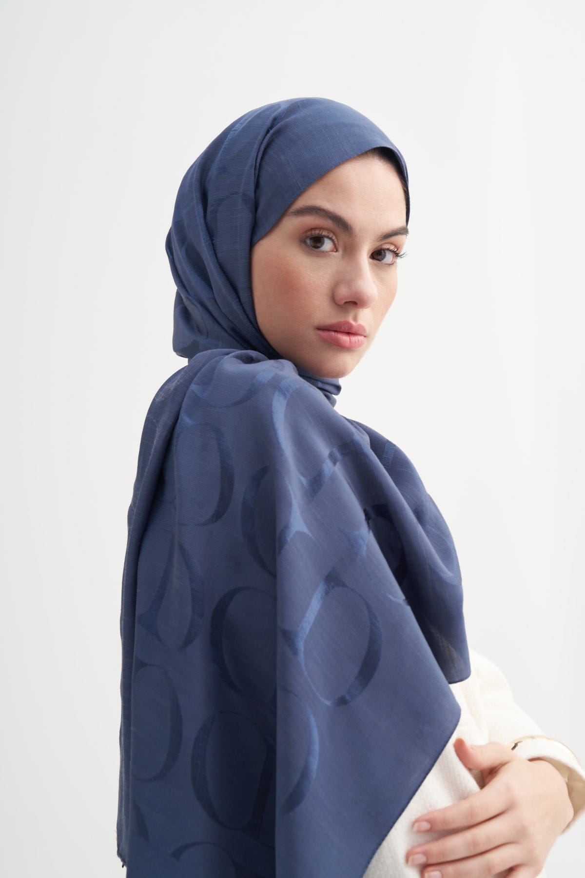 Monogram Pattern Rina Viscose Scarf Denim Blue