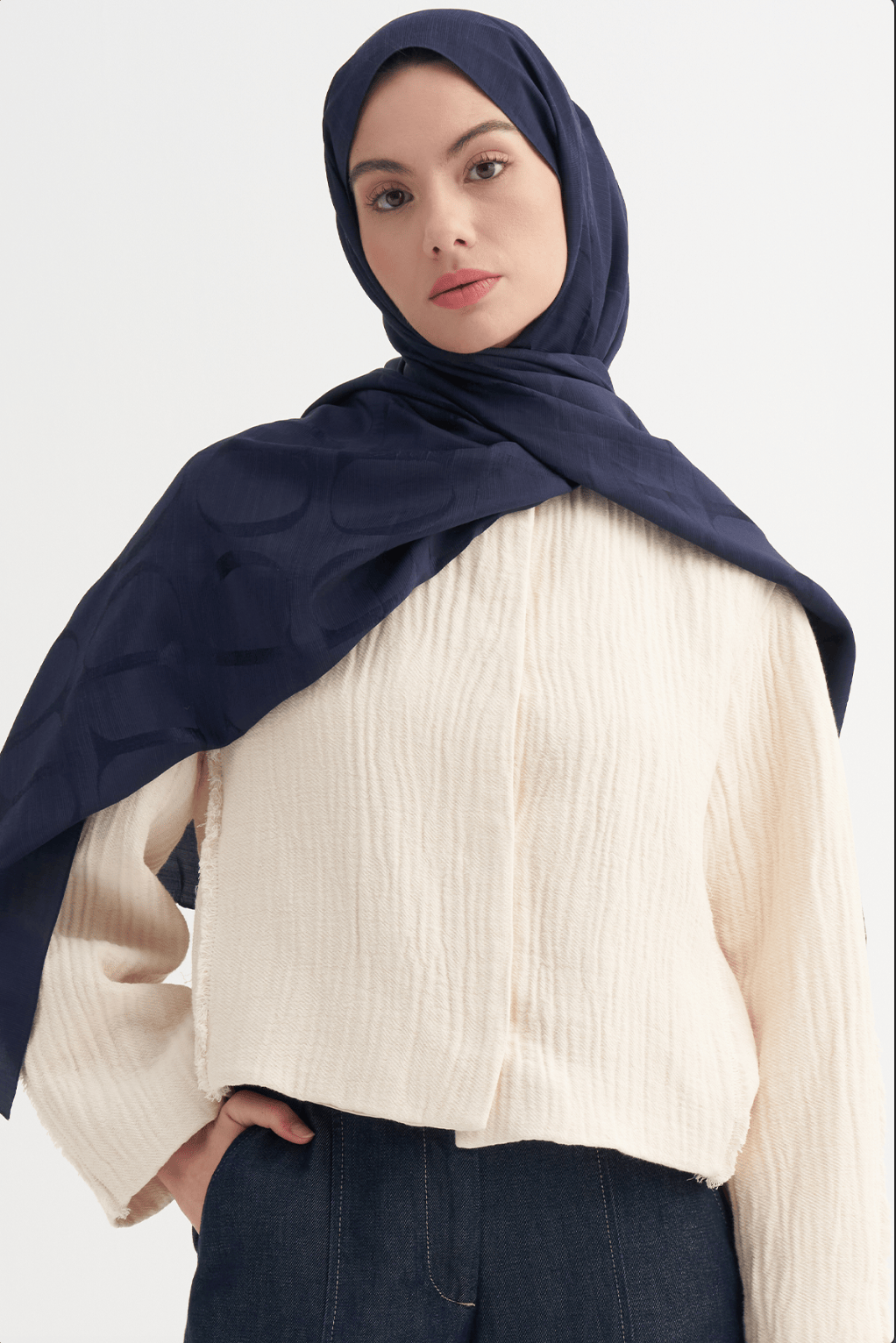 Monogram Pattern Rina Viscose Scarf Navy Blue