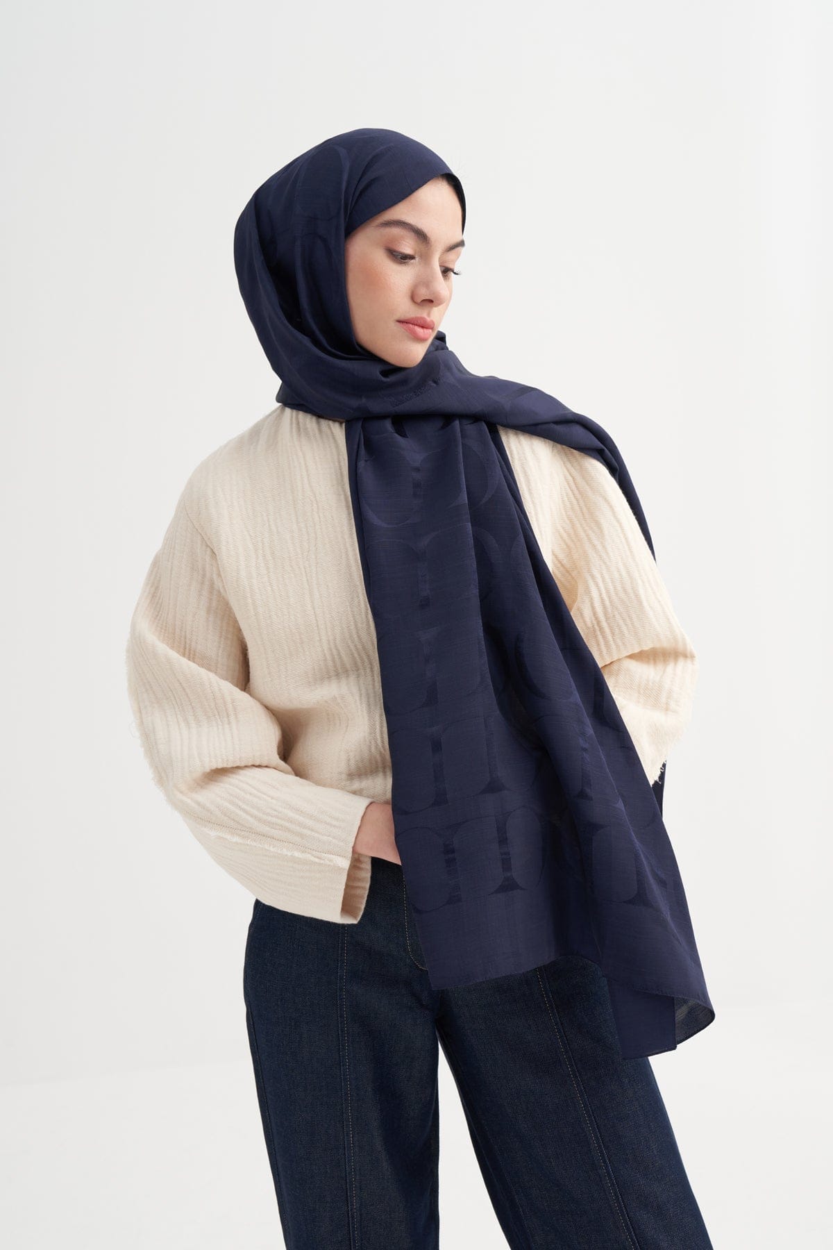 Monogram Pattern Rina Viscose Scarf Navy Blue