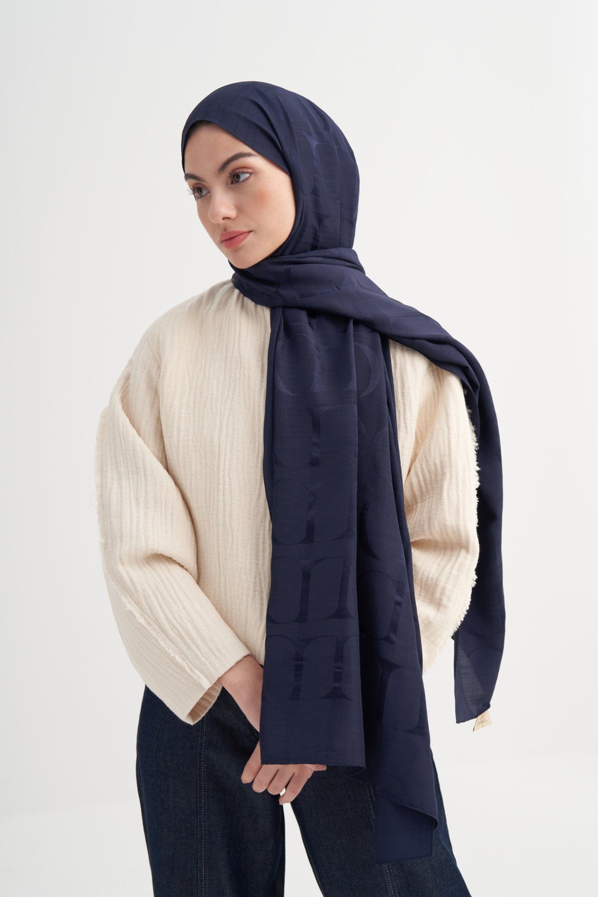 Monogram Pattern Rina Viscose Scarf Navy Blue