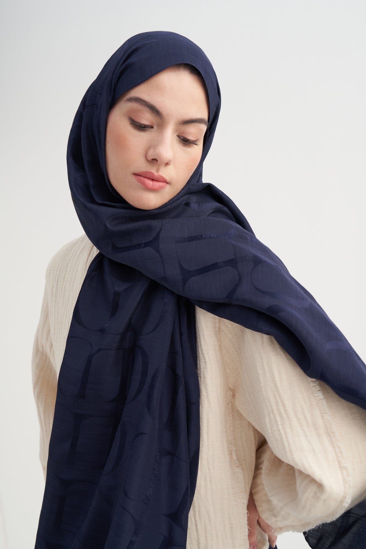 Monogram Pattern Rina Viscose Scarf Navy Blue
