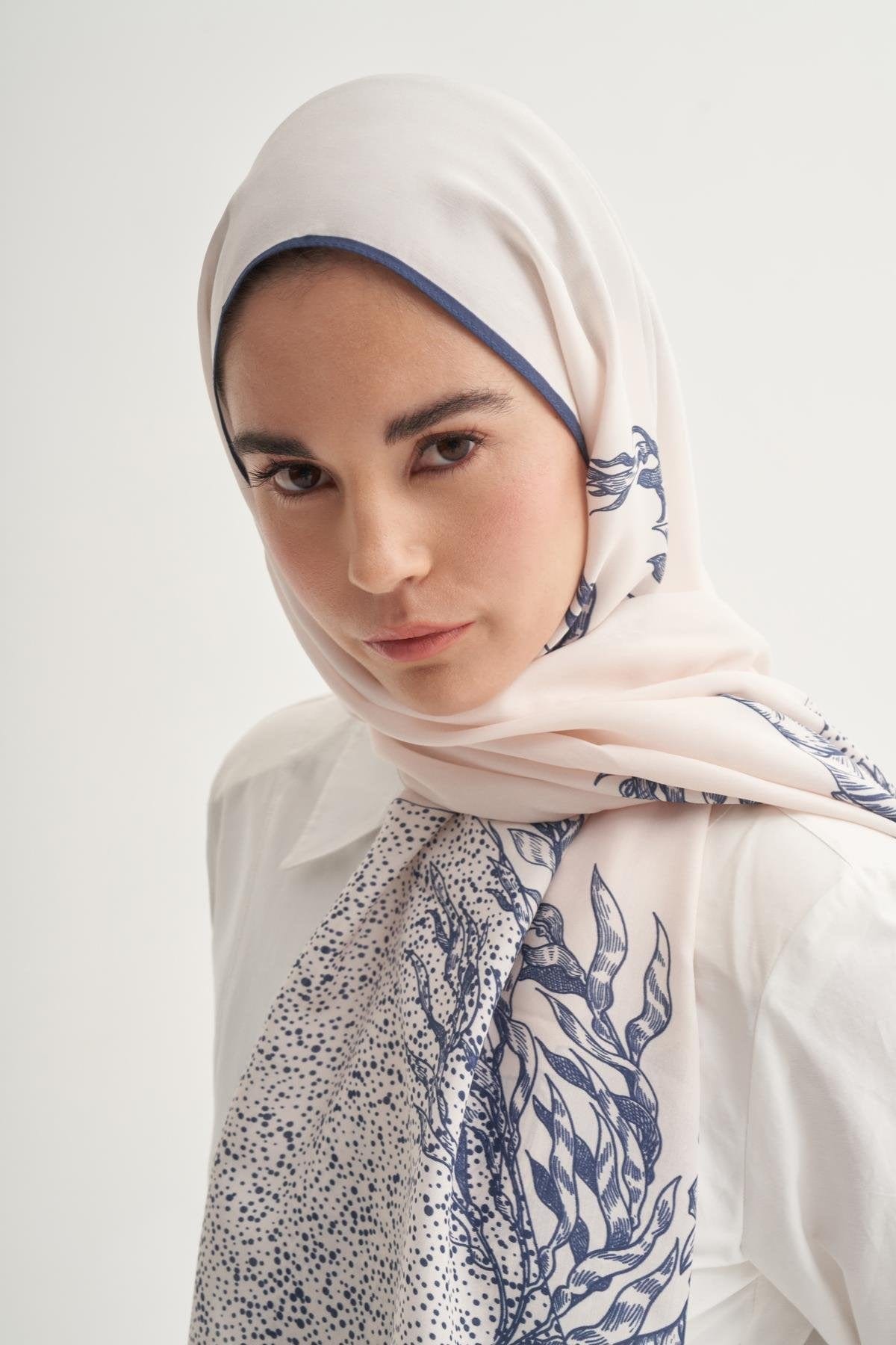 Navy Monogram Viscose Scarf Cream