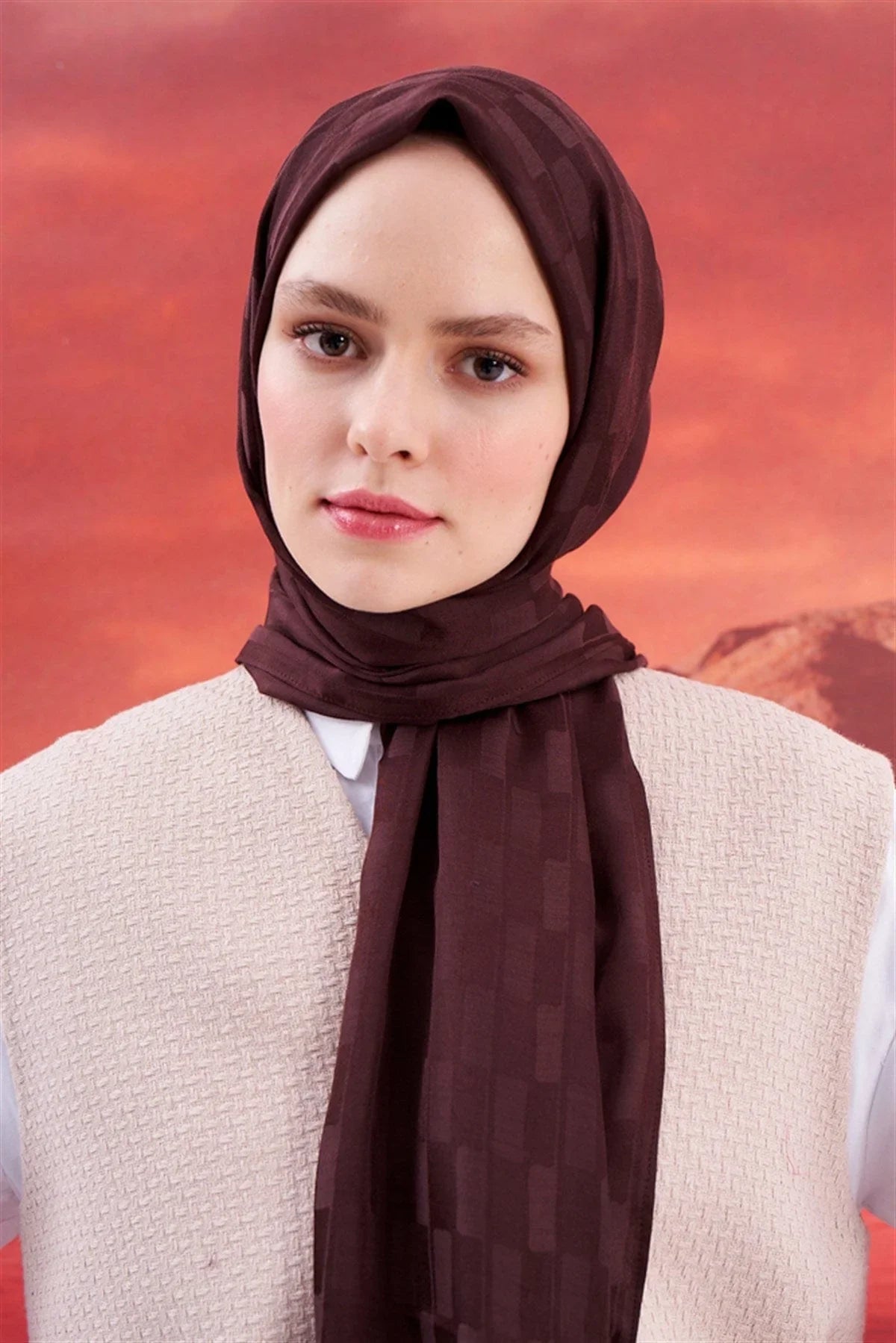 Pinstripe Jacquard Italian Silk Scarf Dark Brown