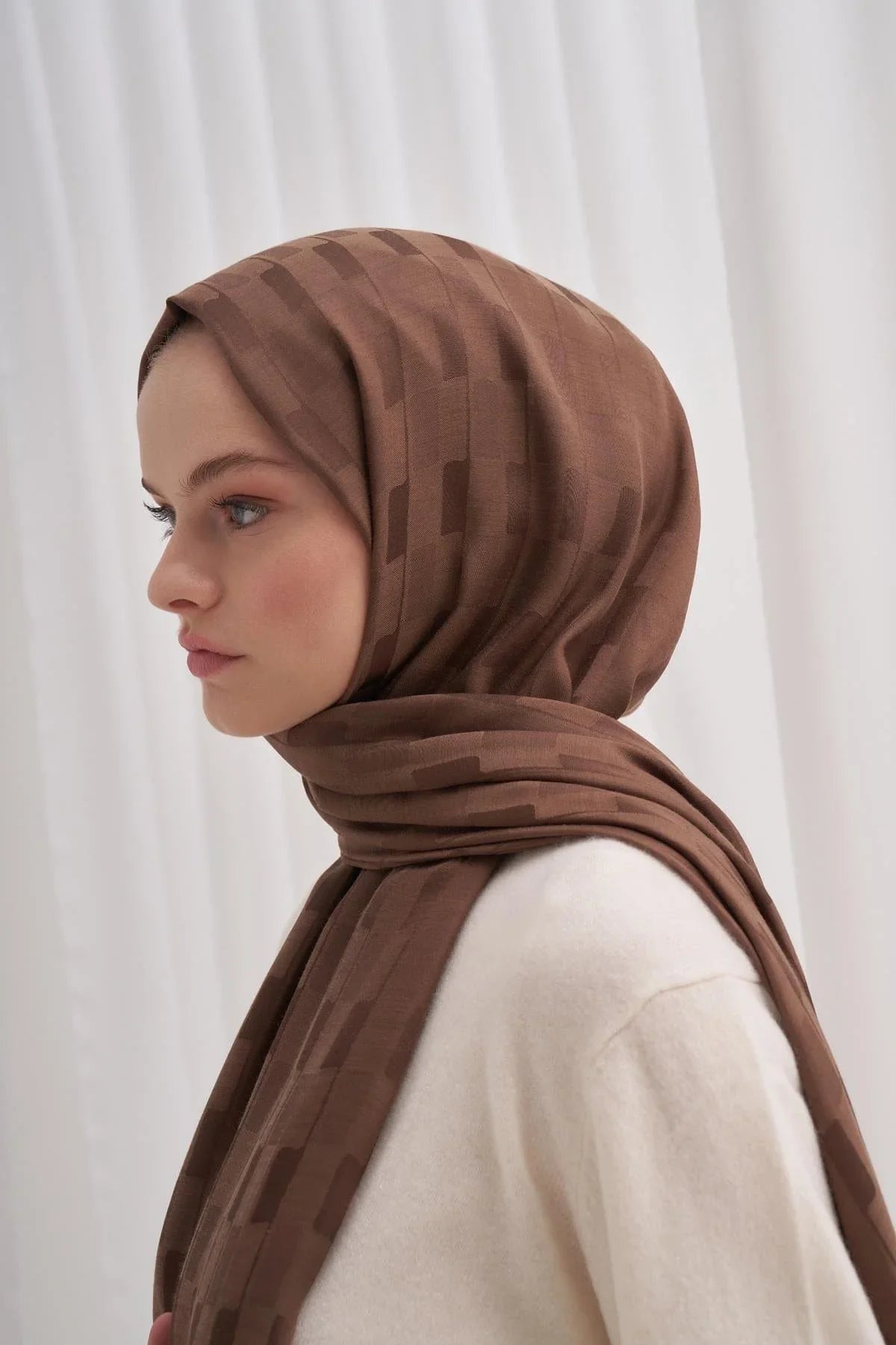 Pinstripe Jacquard Italian Silk Scarf Dusty Brown