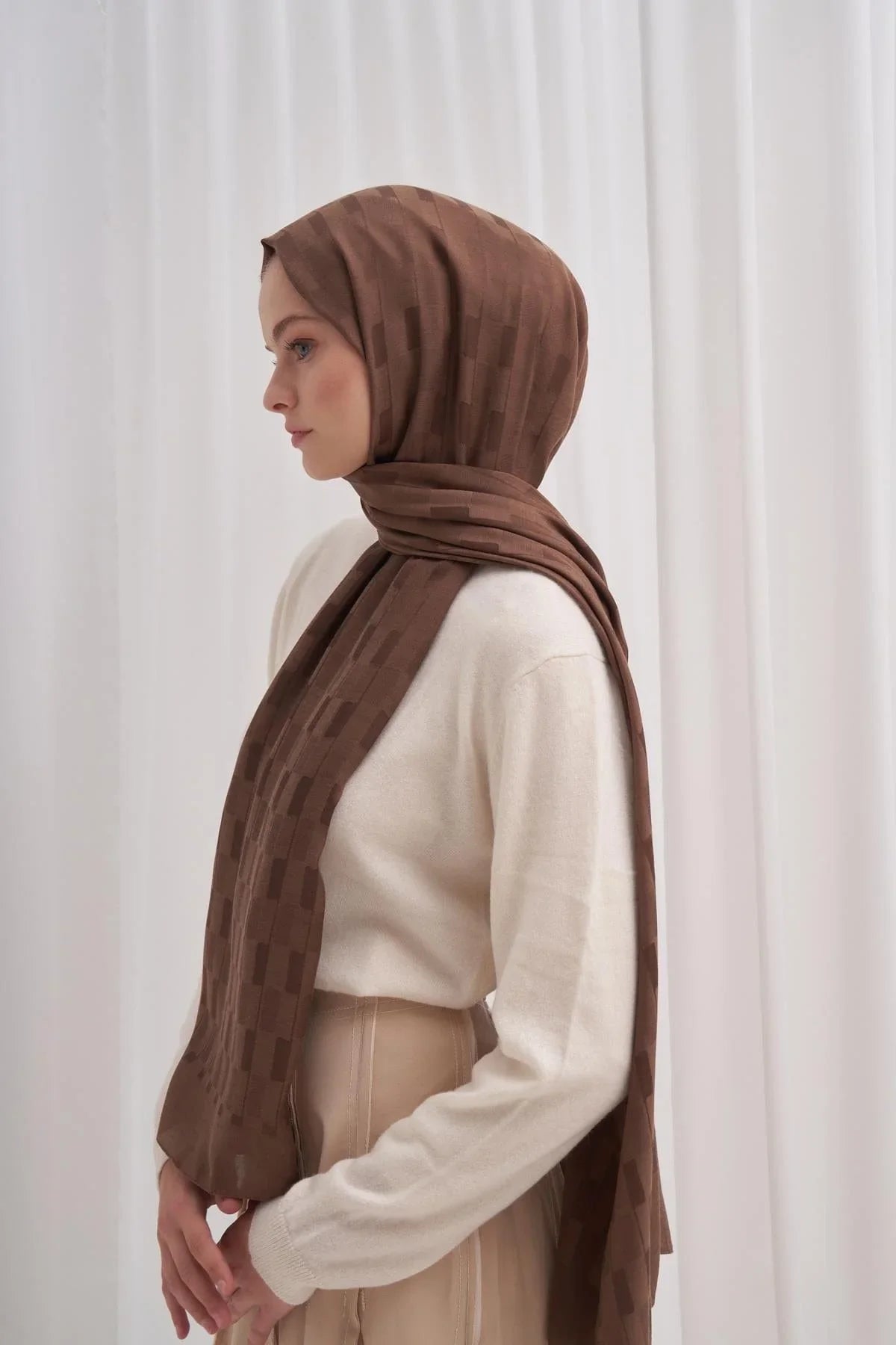 Pinstripe Jacquard Italian Silk Scarf Dusty Brown