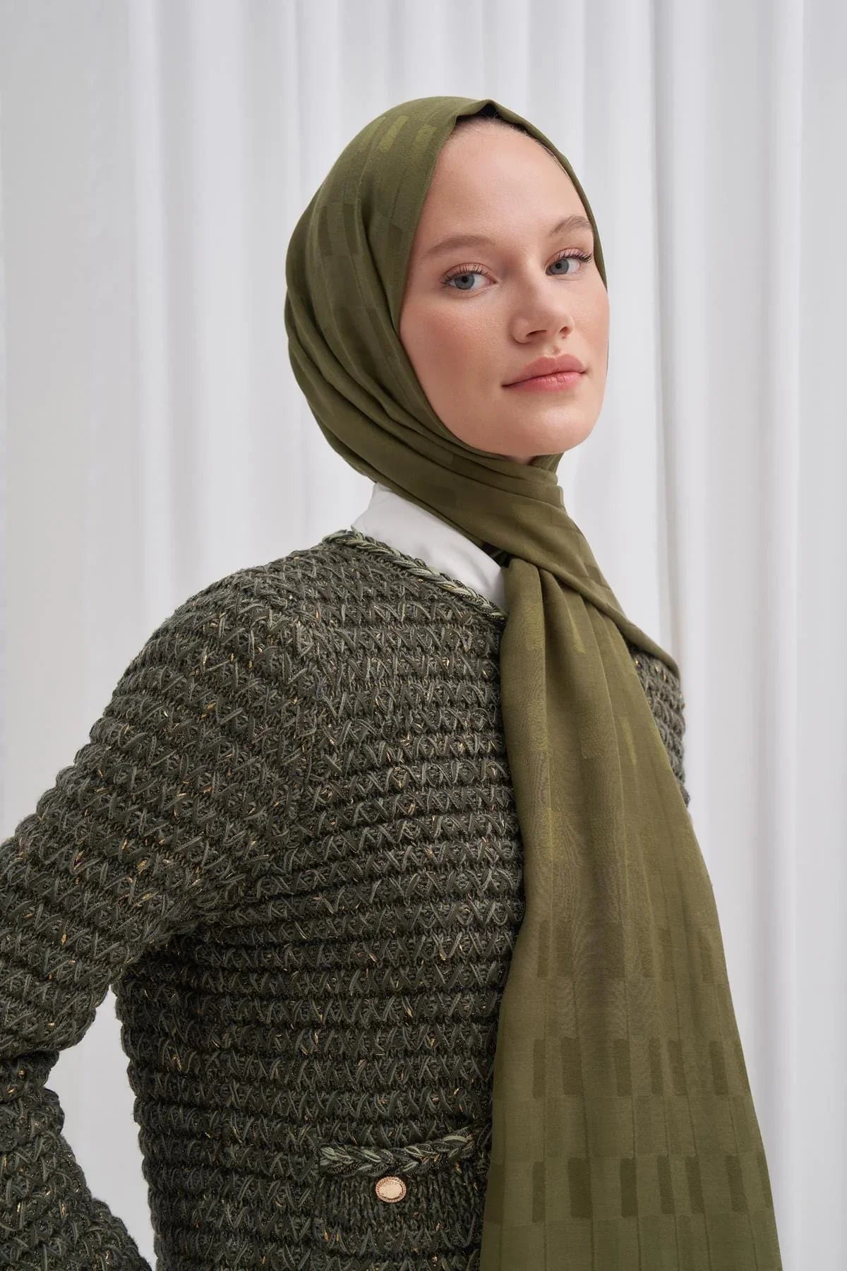 Pinstripe Jacquard Italian Silk Scarf Olive Green