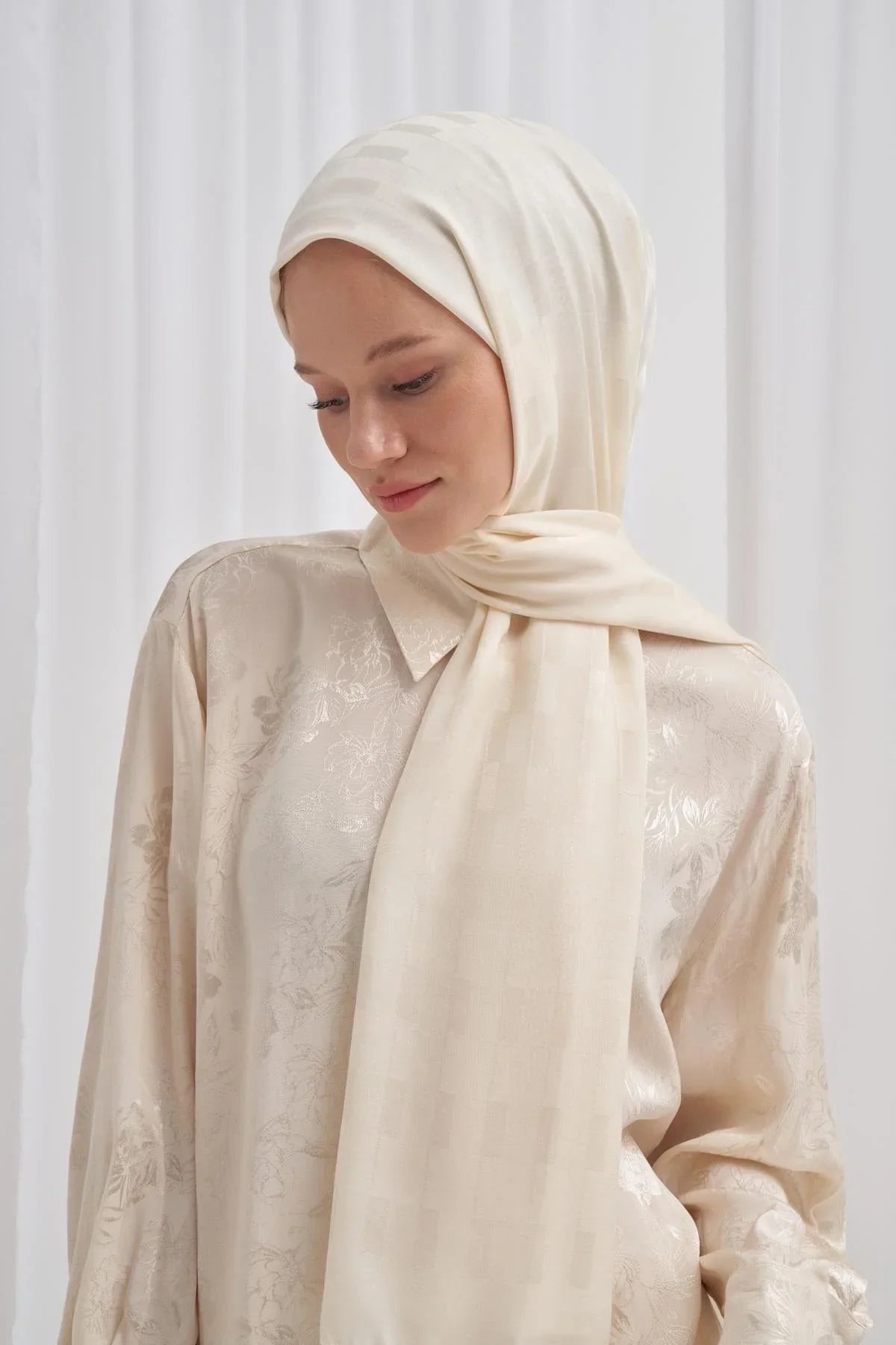 Pinstripe Jacquard Italian Silk Scarf Pearl