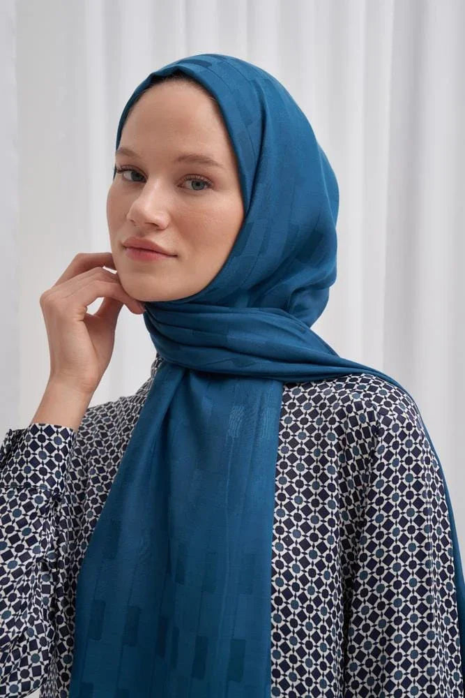 Pinstripe Jacquard Italian Silk Scarf Petrol Blue
