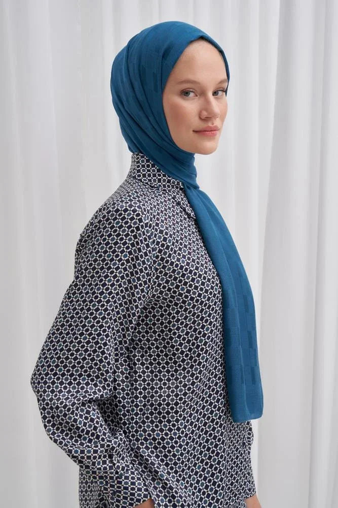 Pinstripe Jacquard Italian Silk Scarf Petrol Blue