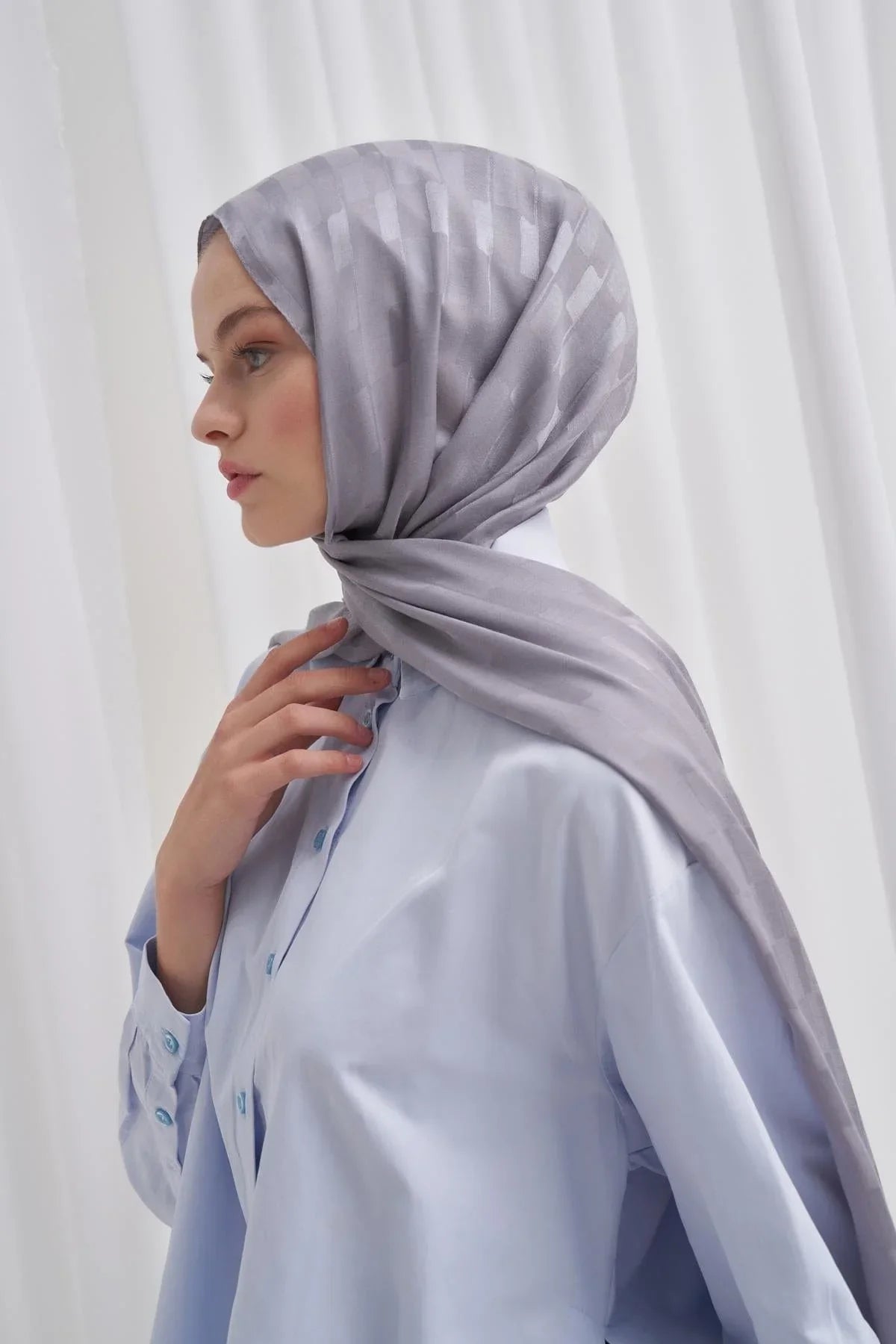 Pinstripe Jacquard Italian Silk Scarf Silver Grey