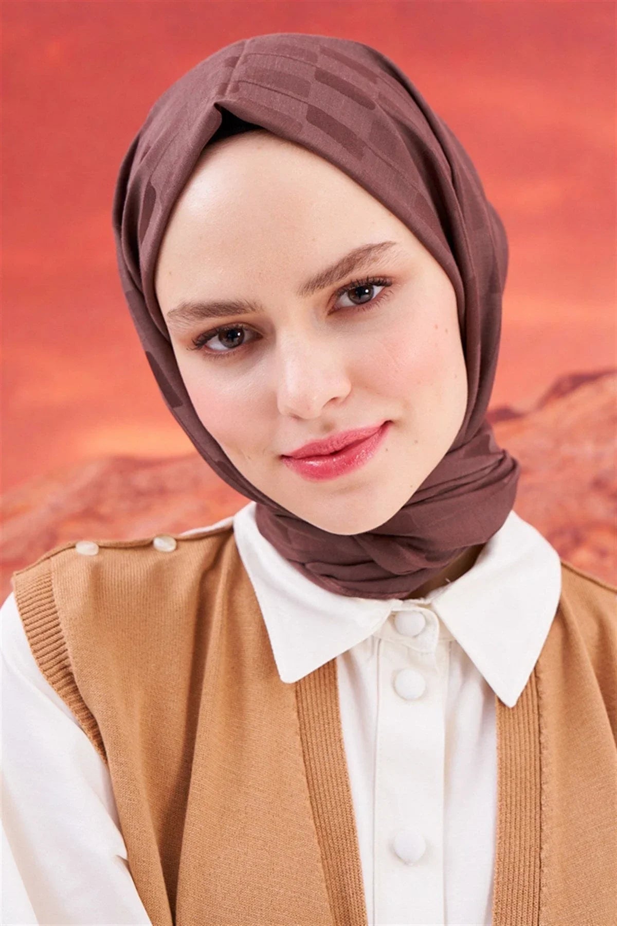 Pinstripe Jacquard Italian Silk Scarf Soft Brown