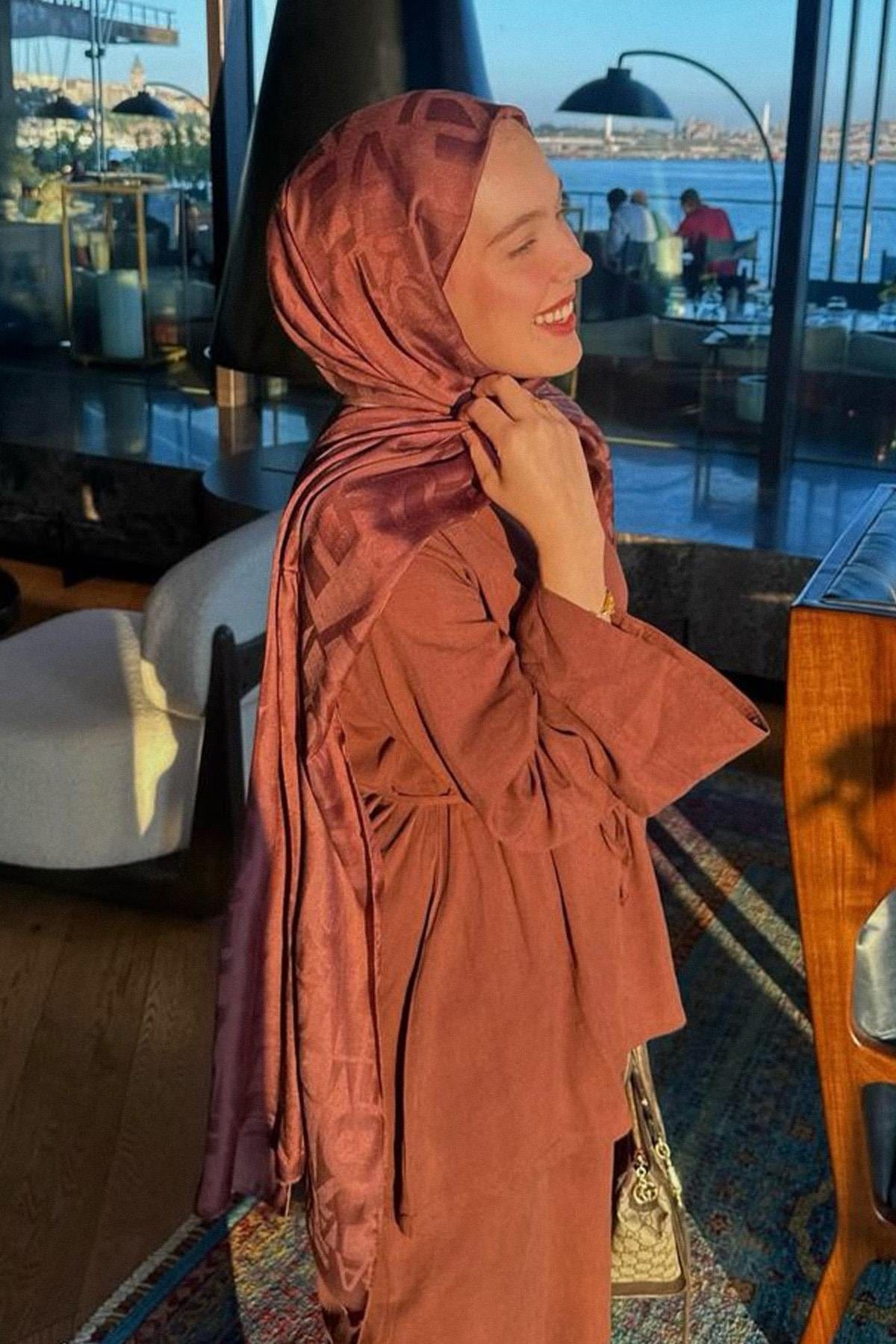 Rana Nisa's Choice Script Pattern Jacquard Italian Silk Scarf Auburn