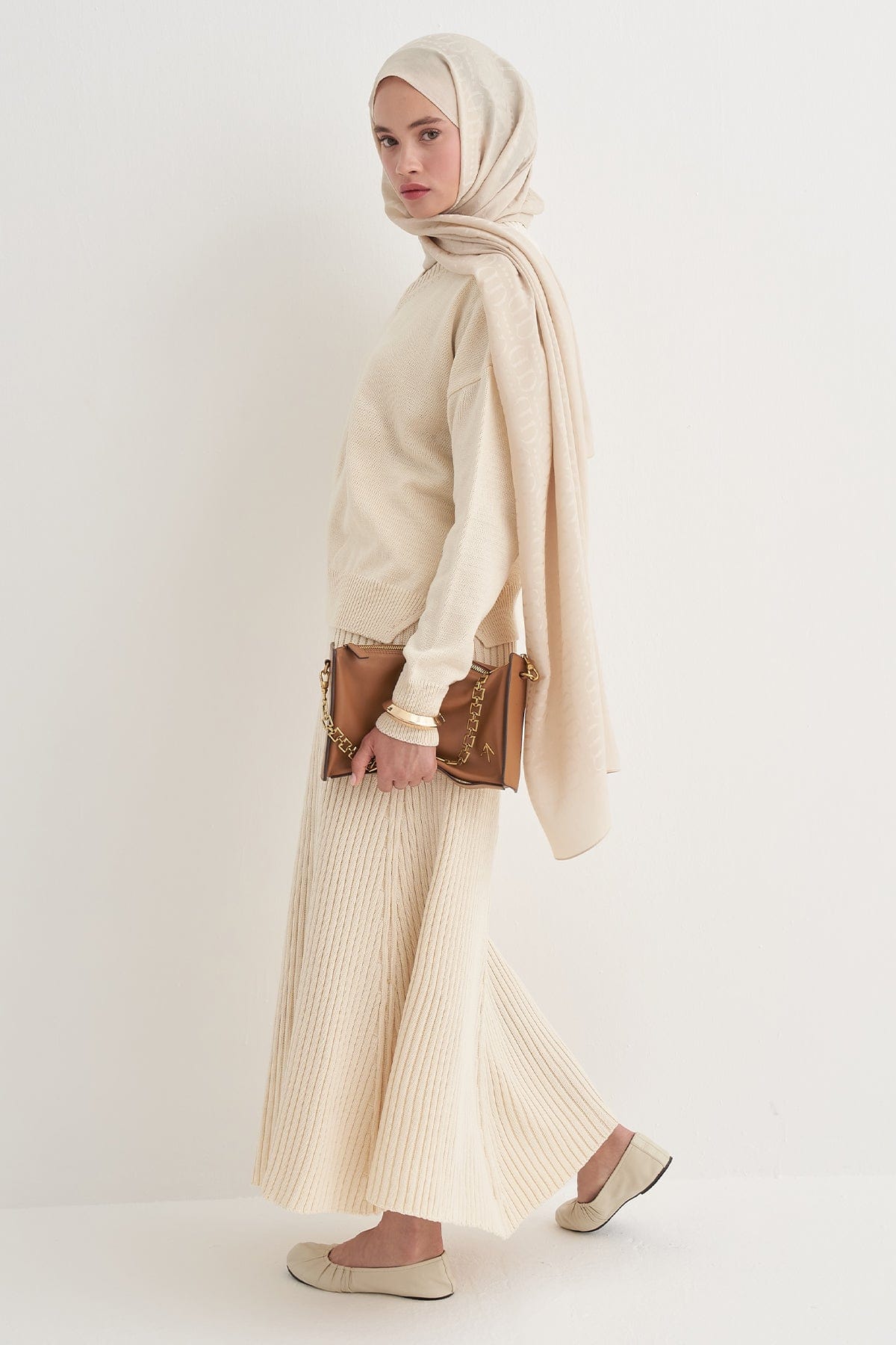 Ribbed Knit Skirt Set Cream