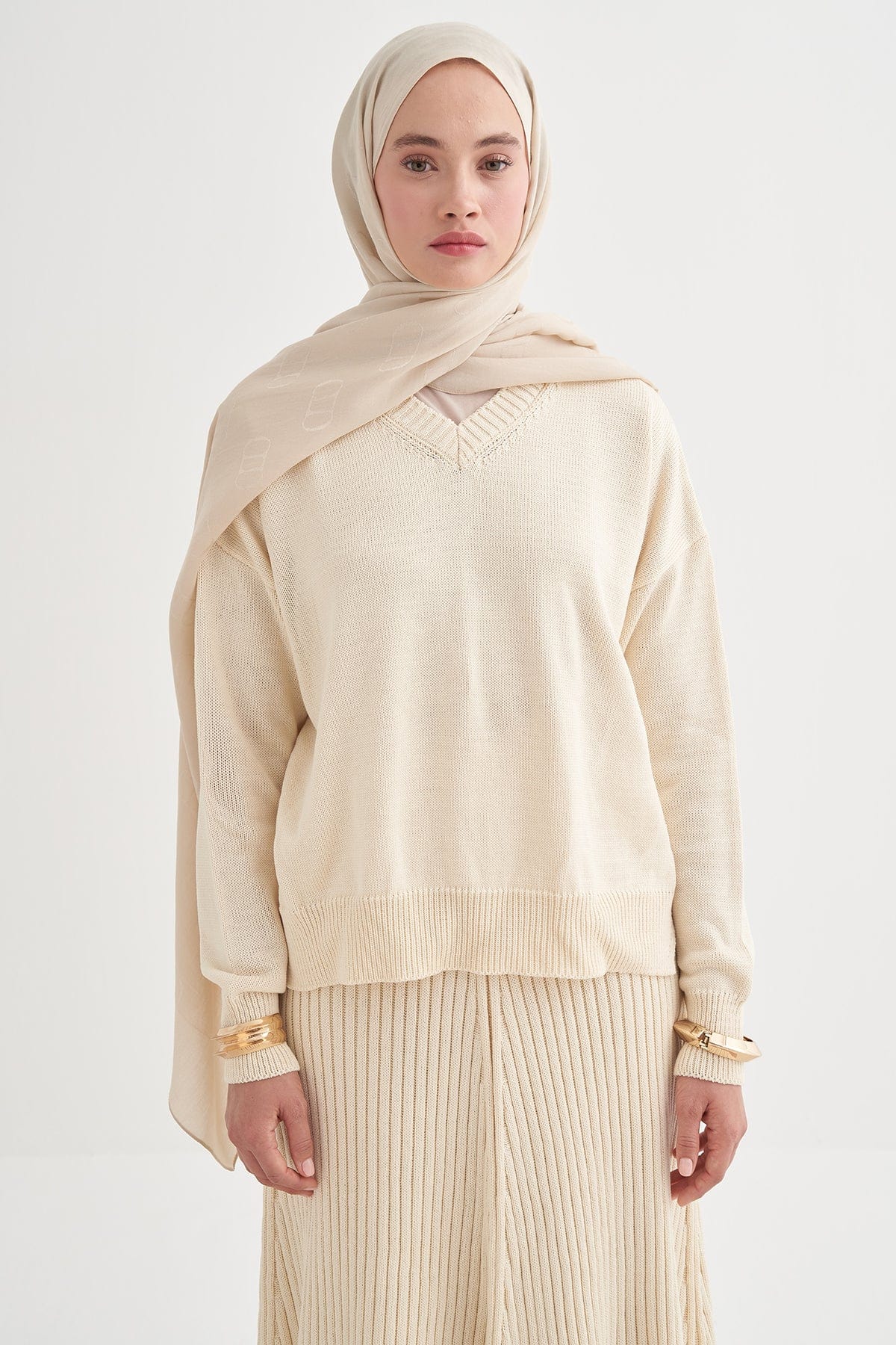Ribbed Knit Skirt Set Cream