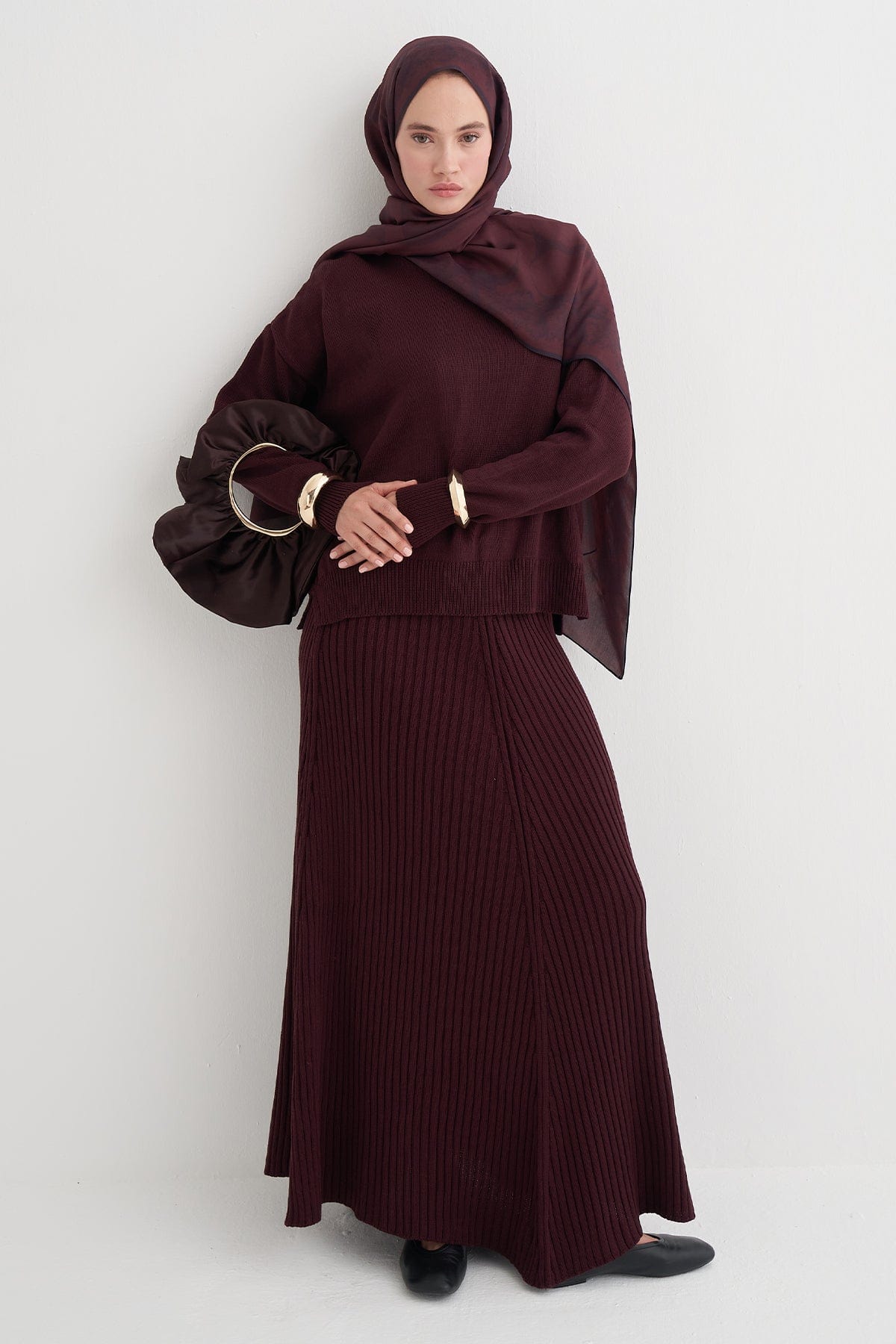 Ribbed Knit Skirt Set Damson