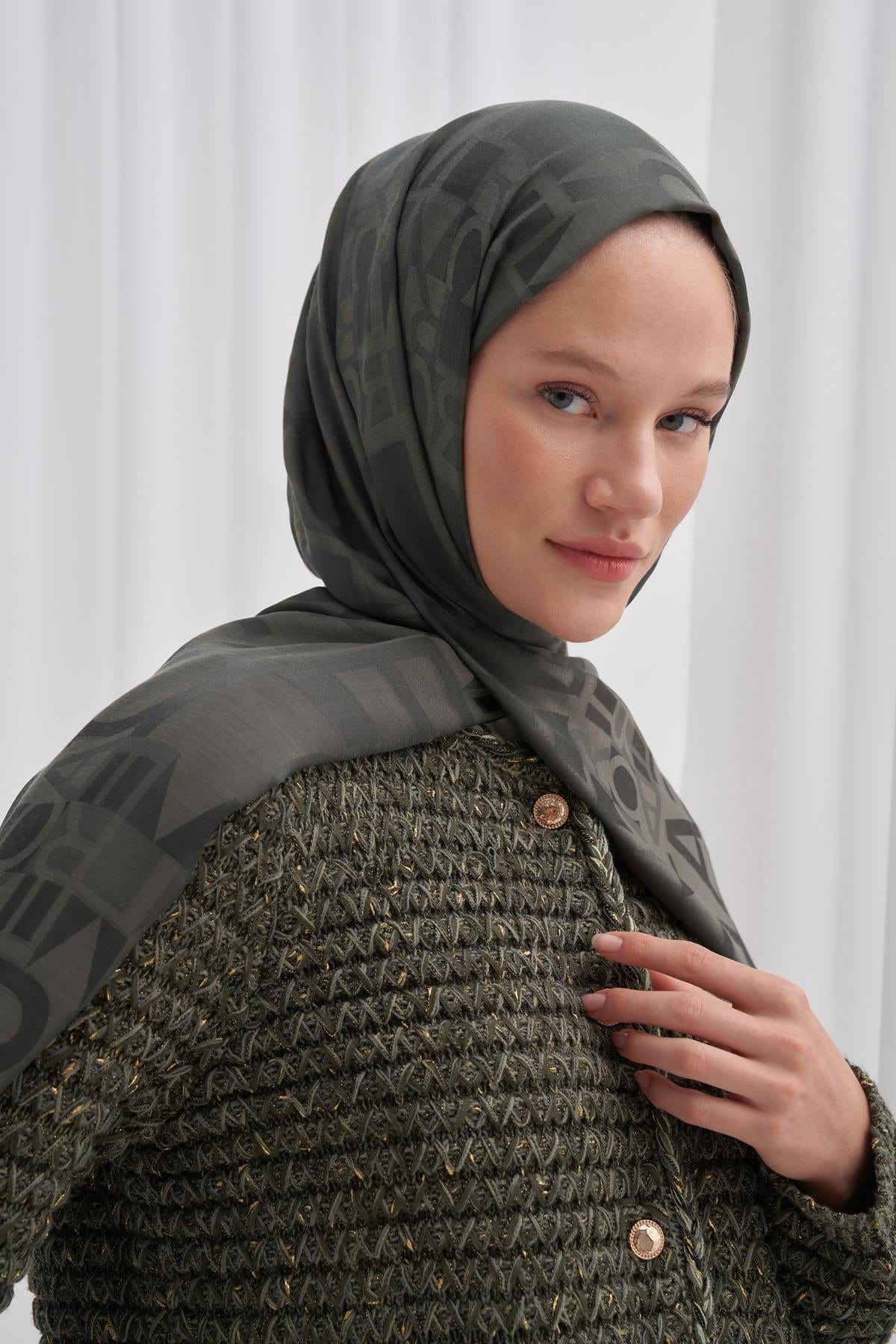 Script Pattern Jacquard Italian Silk Scarf Army Green